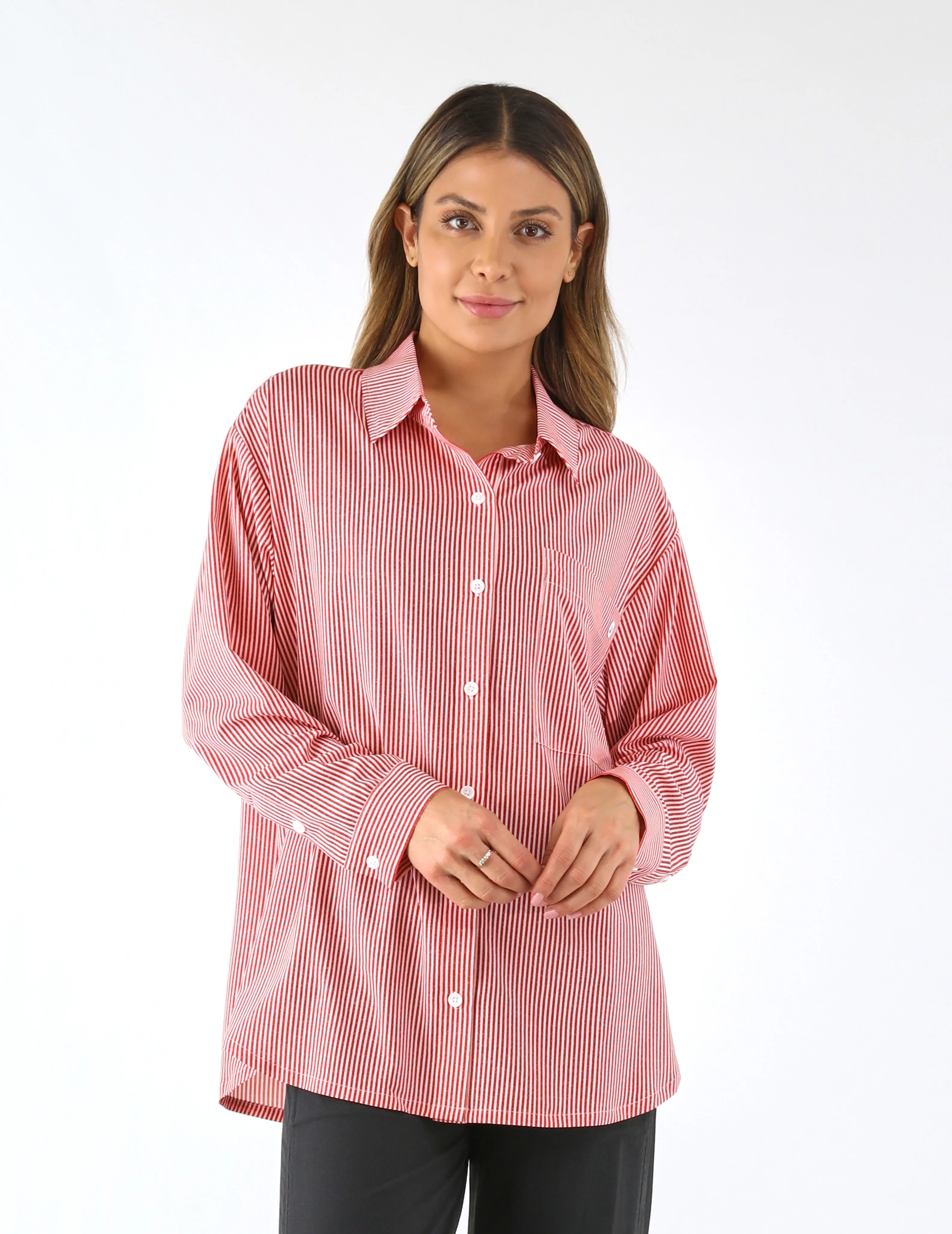 Austin Button Up: Scarlet/White Stripe