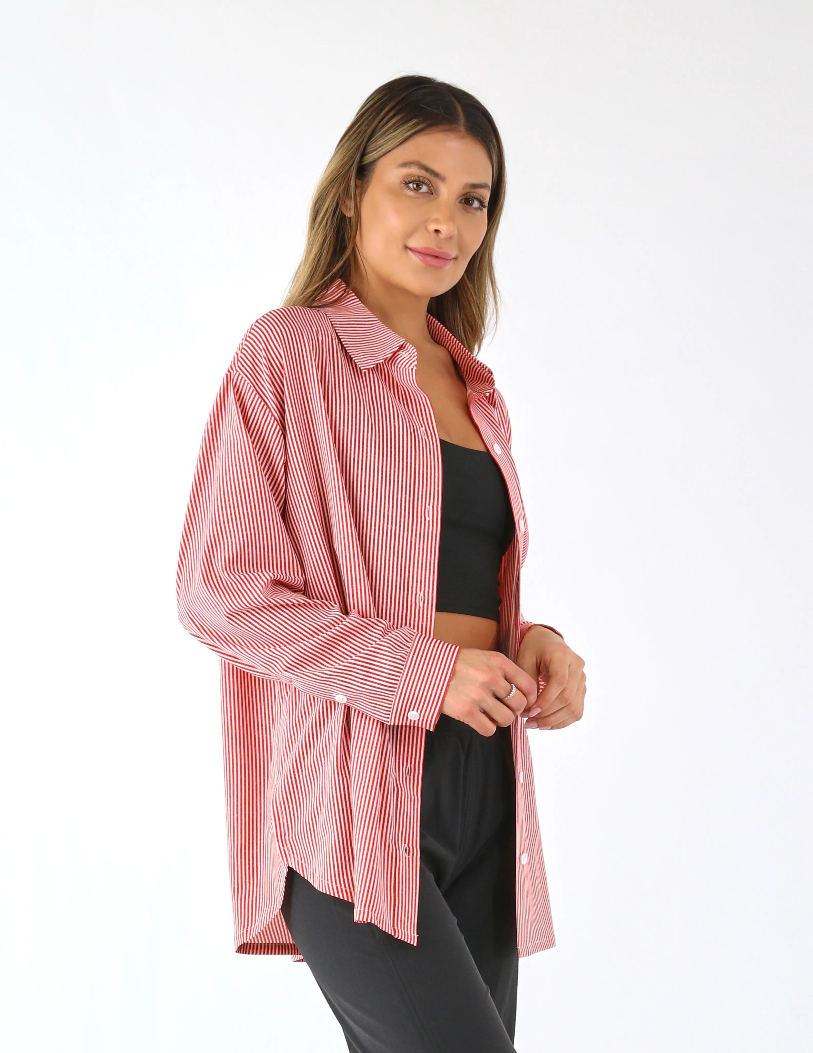Austin Button Up: Scarlet/White Stripe