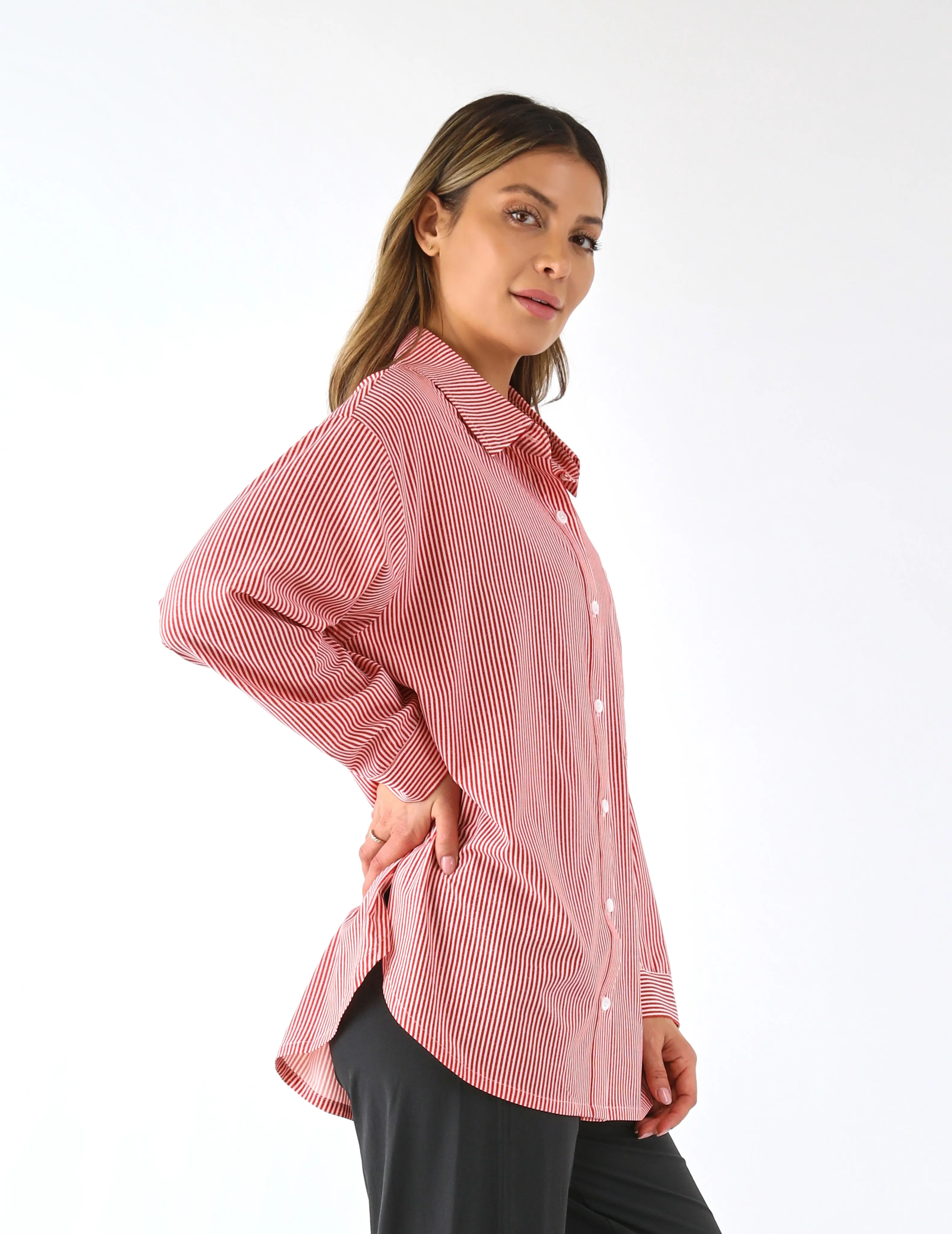 Austin Button Up: Scarlet/White Stripe