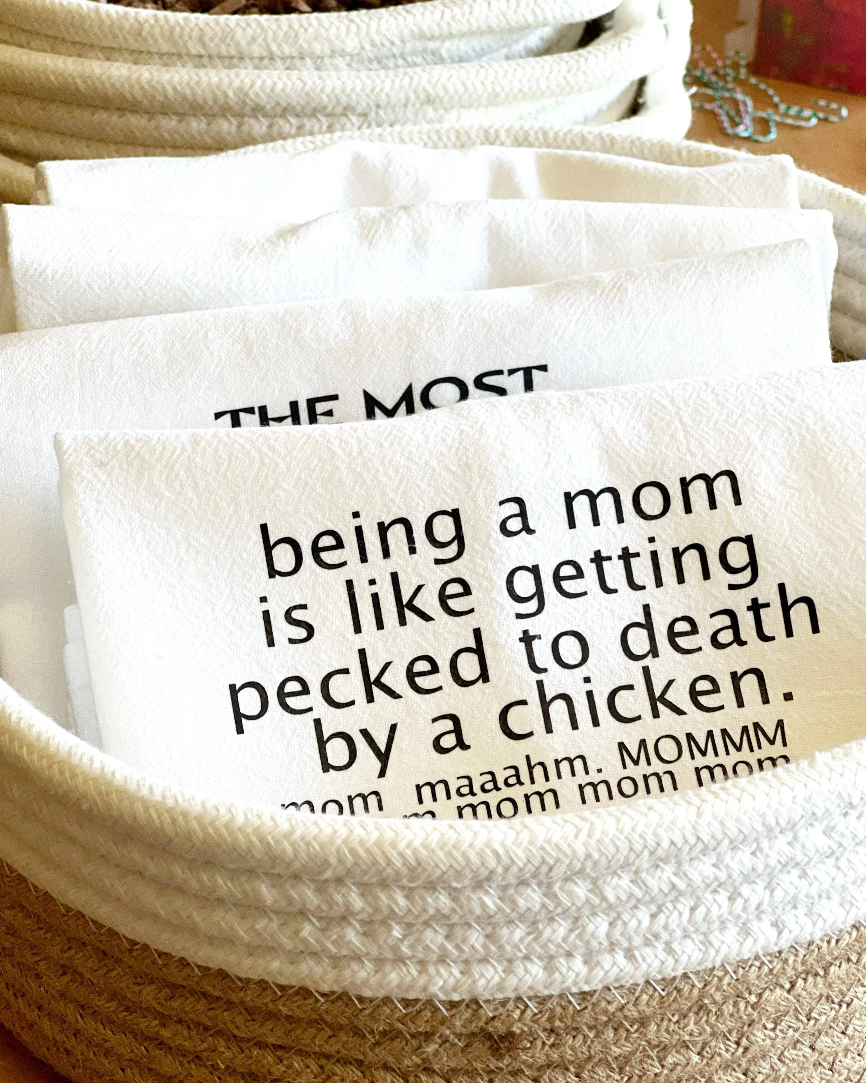 being a mom is like being a chicken - humorous bar kitchen towel SM