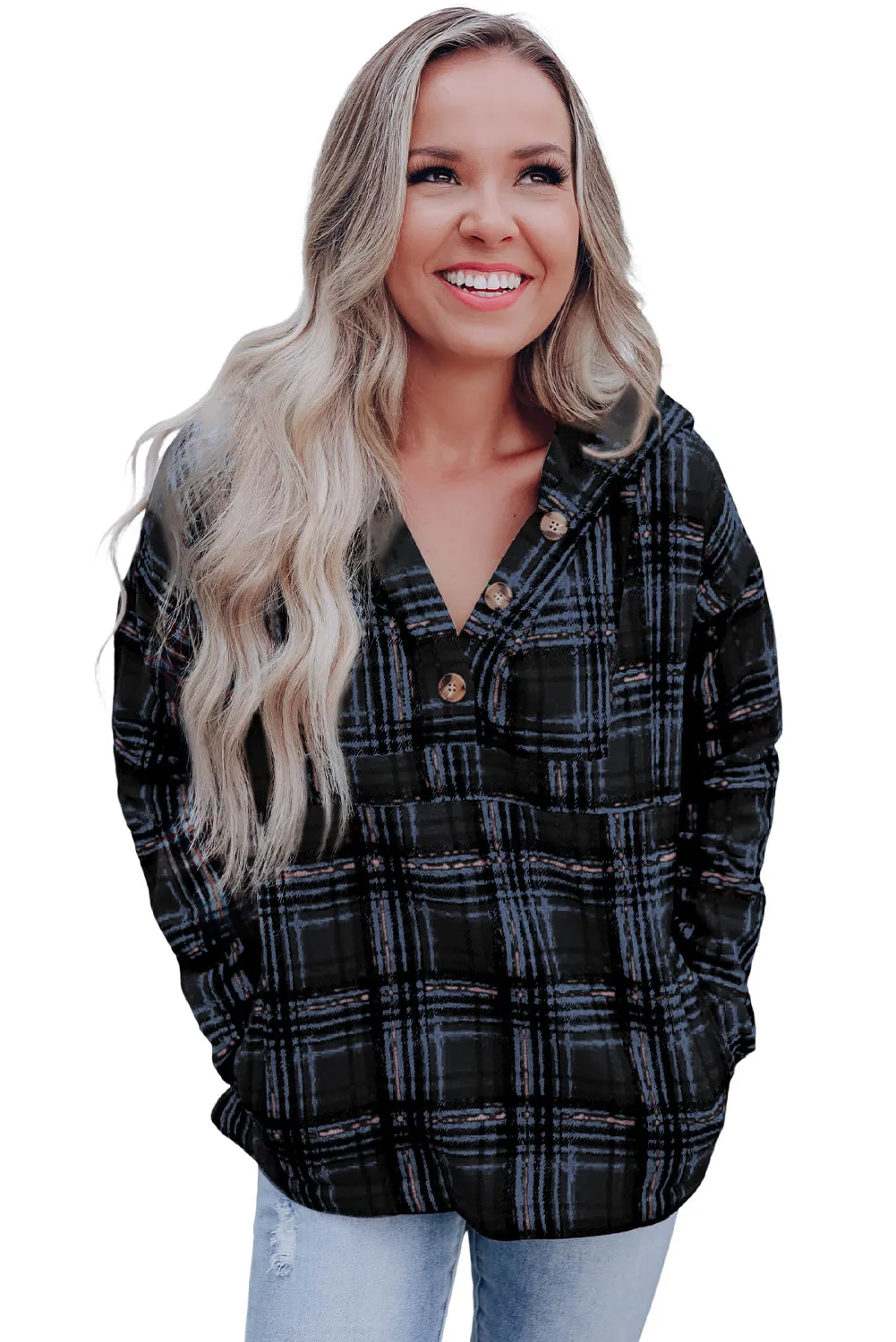 Black Plaid Button Neck Pocketed Pullover Hoodie