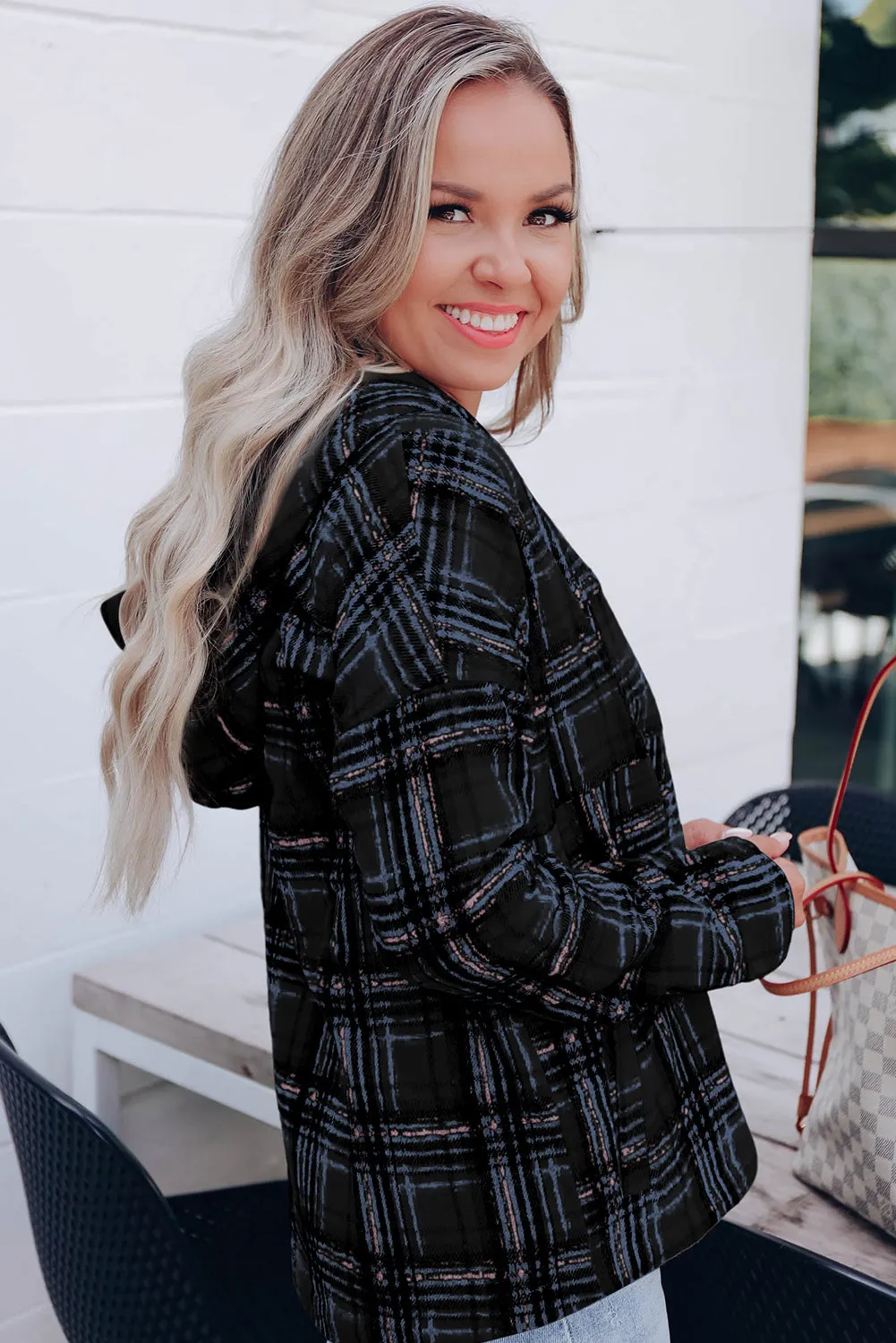 Black Plaid Button Neck Pocketed Pullover Hoodie