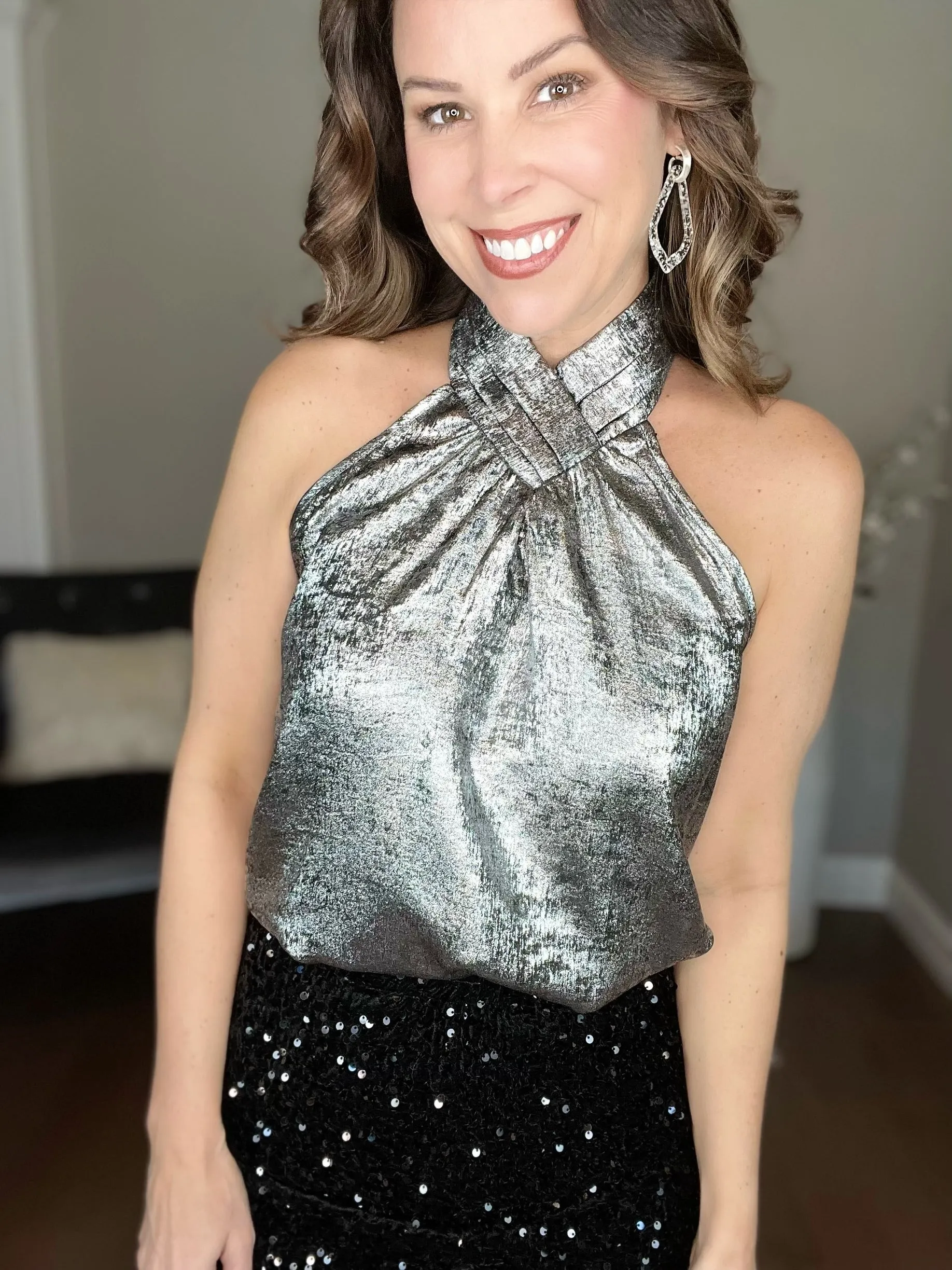 Black/Silver Halter Neck Sleeveless Top