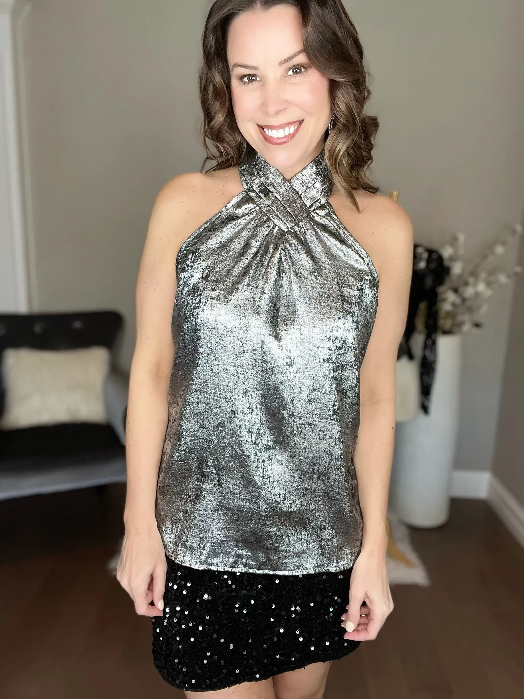 Black/Silver Halter Neck Sleeveless Top