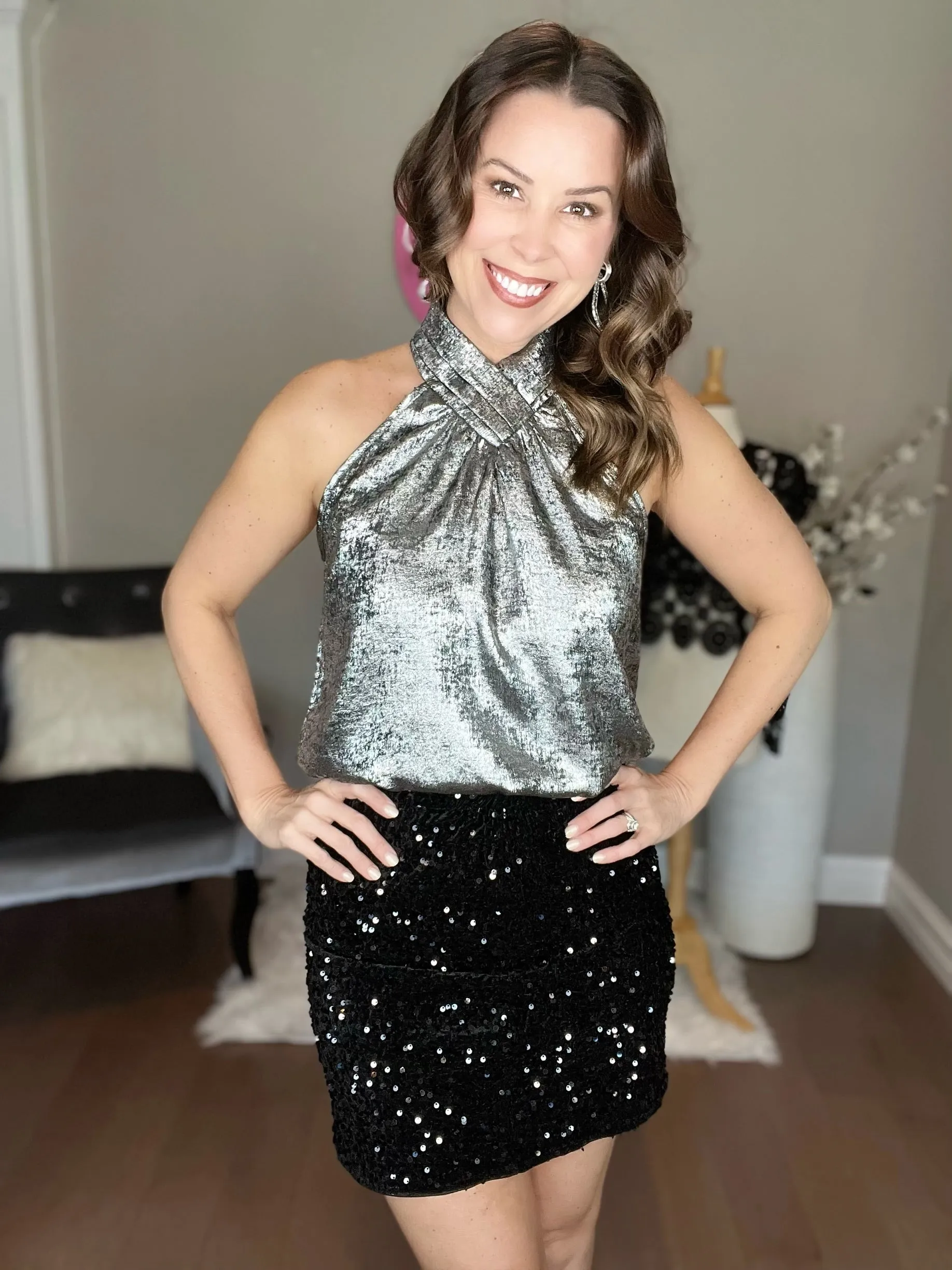 Black/Silver Halter Neck Sleeveless Top