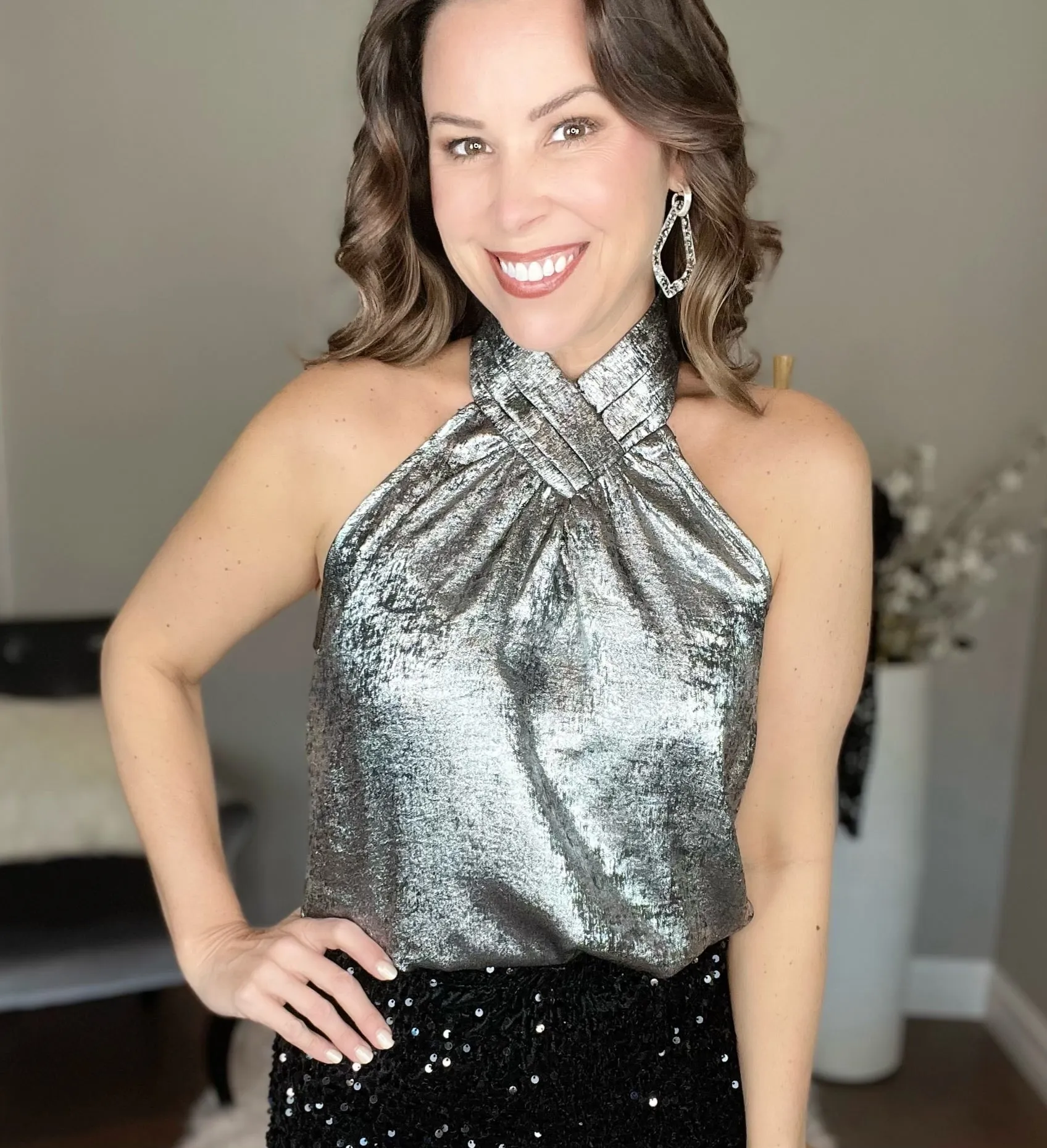 Black/Silver Halter Neck Sleeveless Top