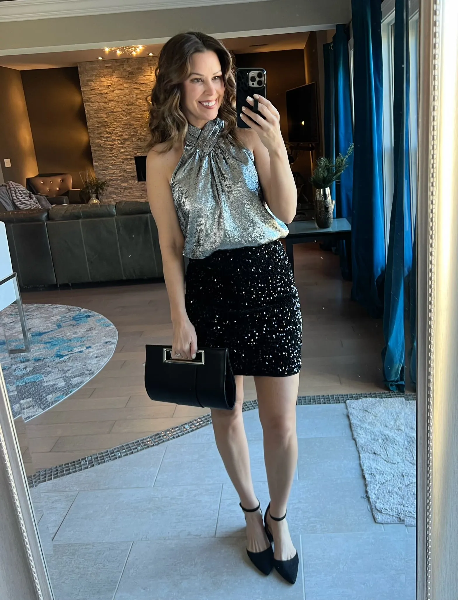 Black/Silver Halter Neck Sleeveless Top