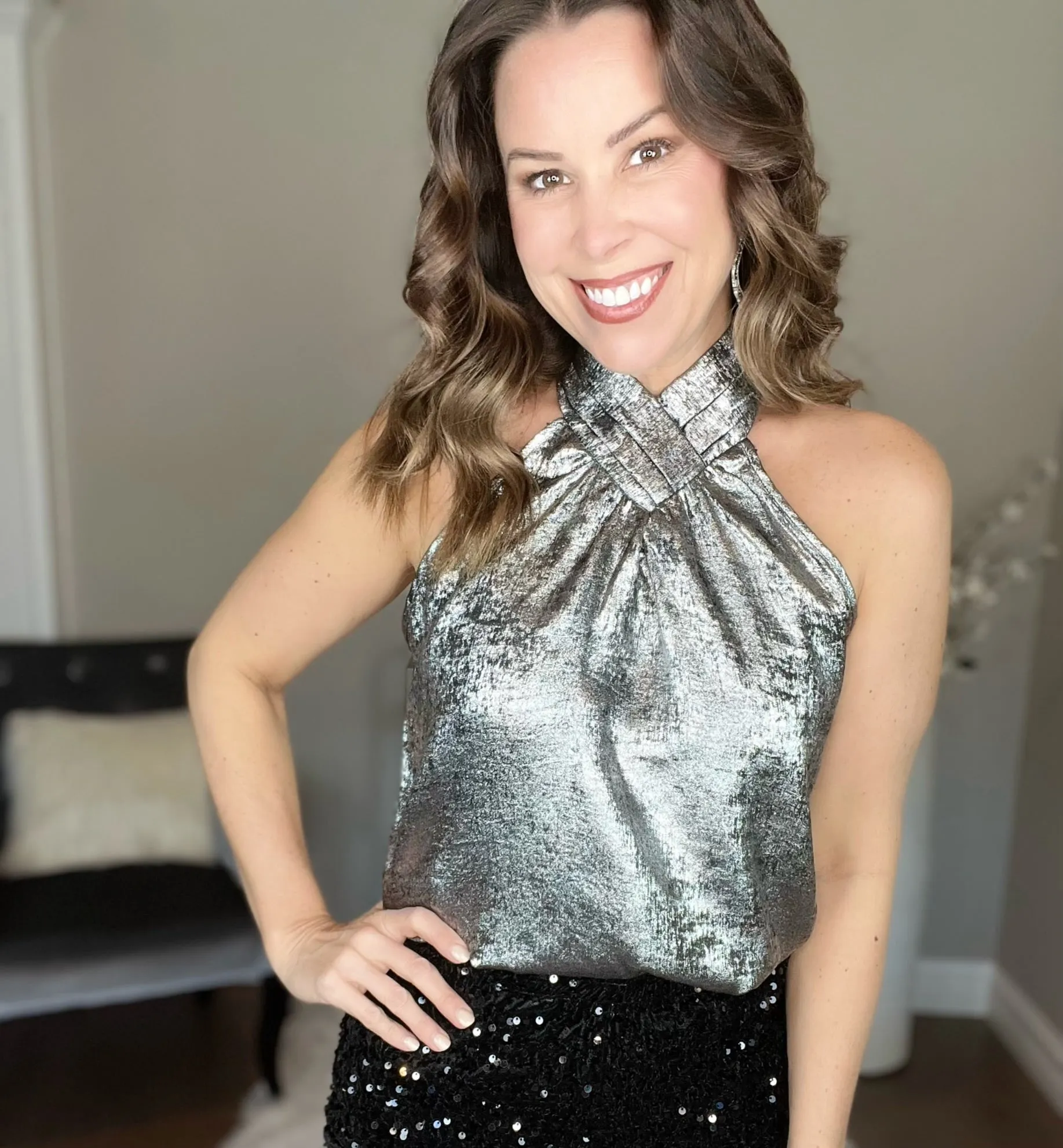 Black/Silver Halter Neck Sleeveless Top