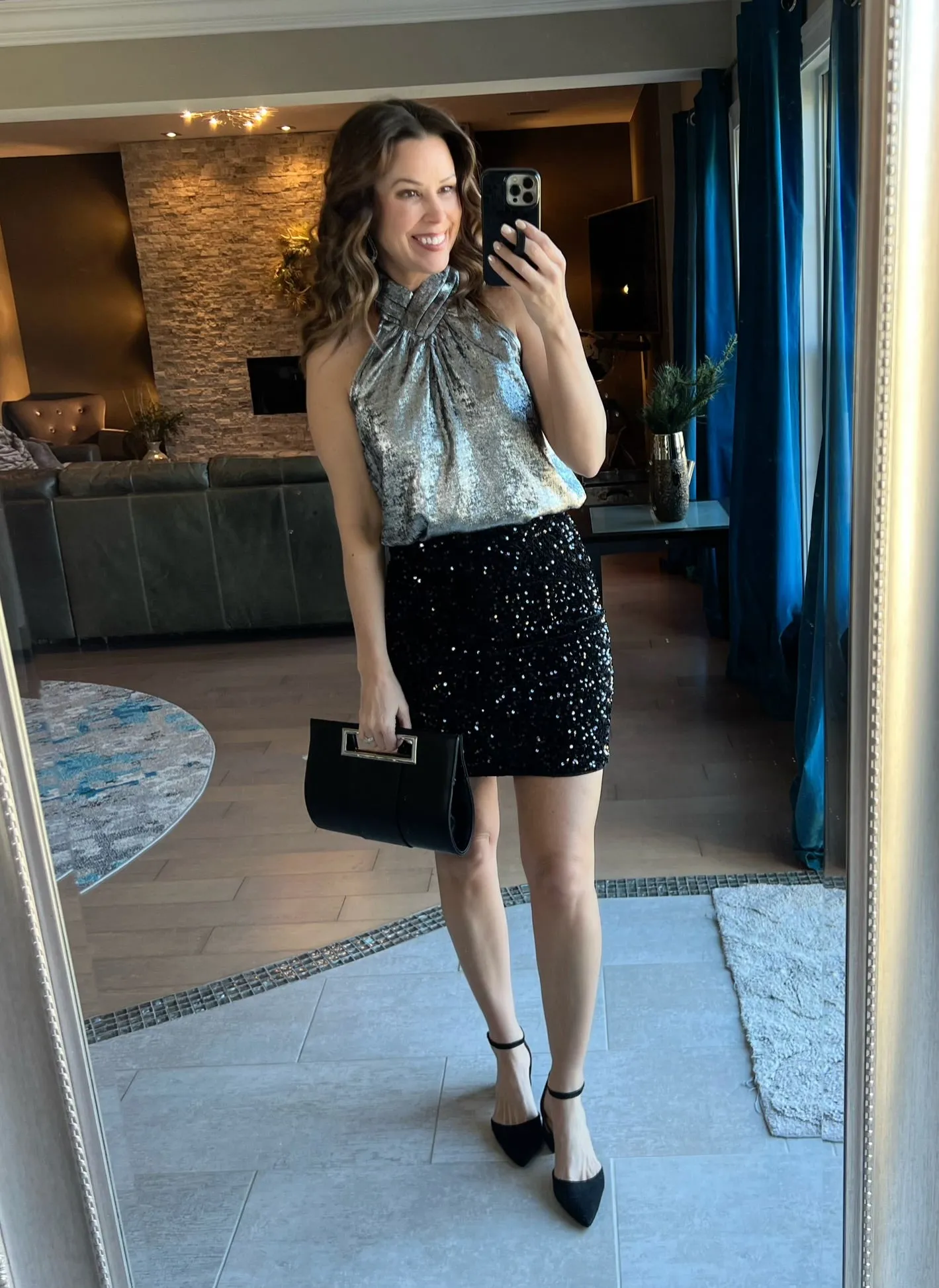 Black/Silver Halter Neck Sleeveless Top