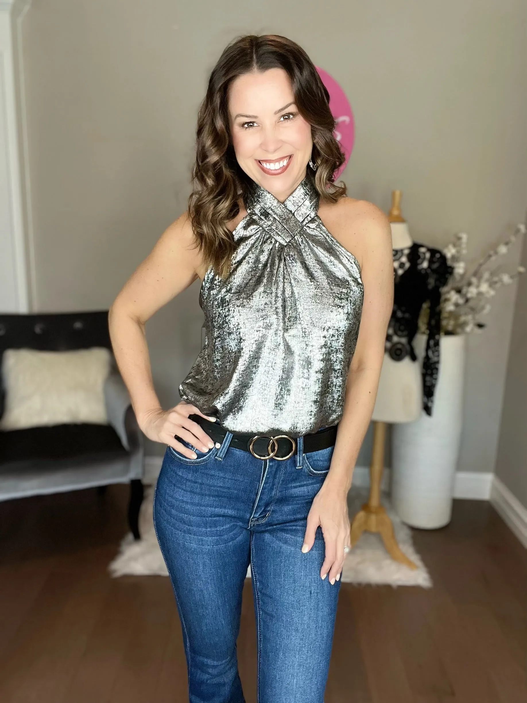 Black/Silver Halter Neck Sleeveless Top
