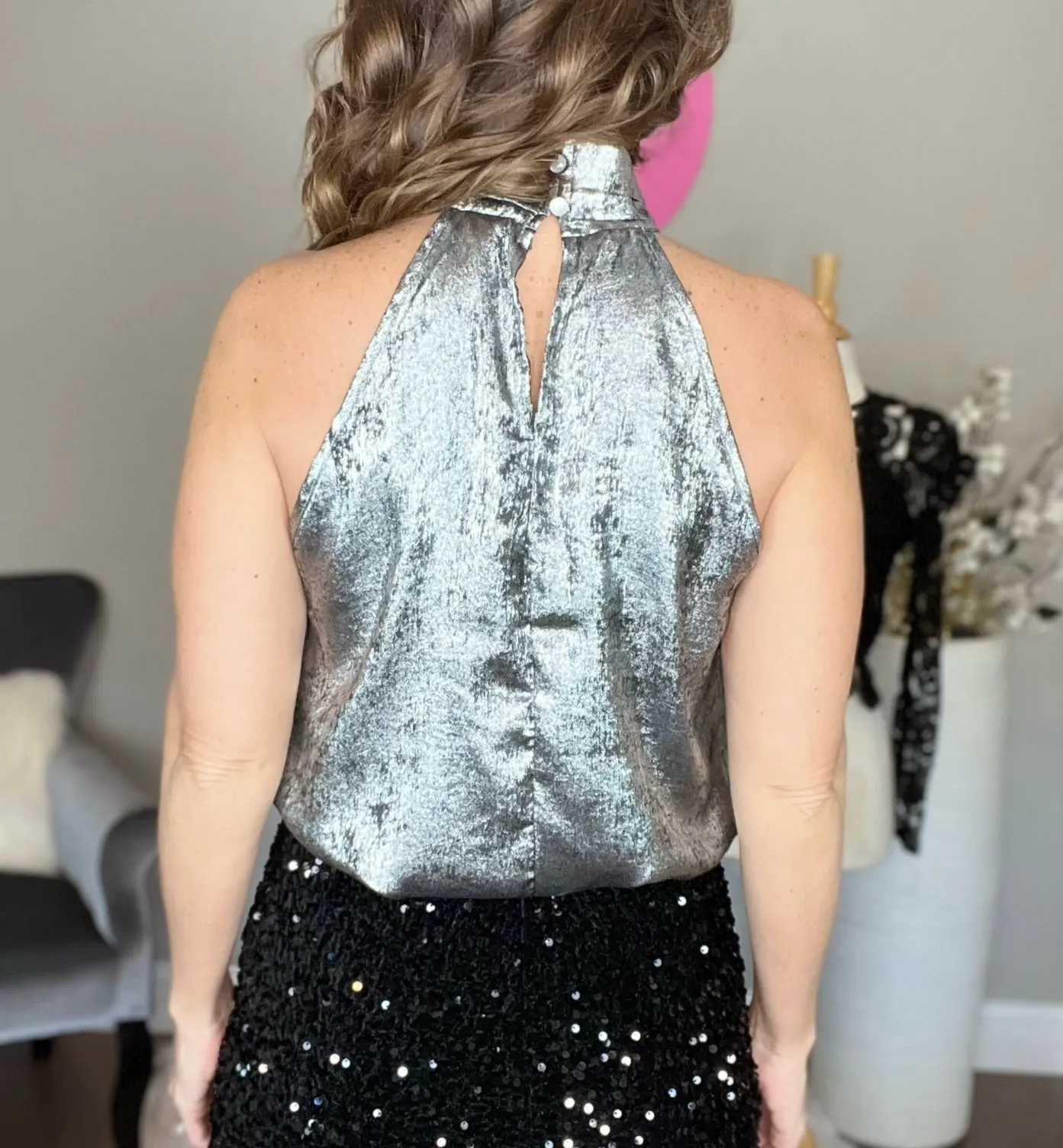 Black/Silver Halter Neck Sleeveless Top