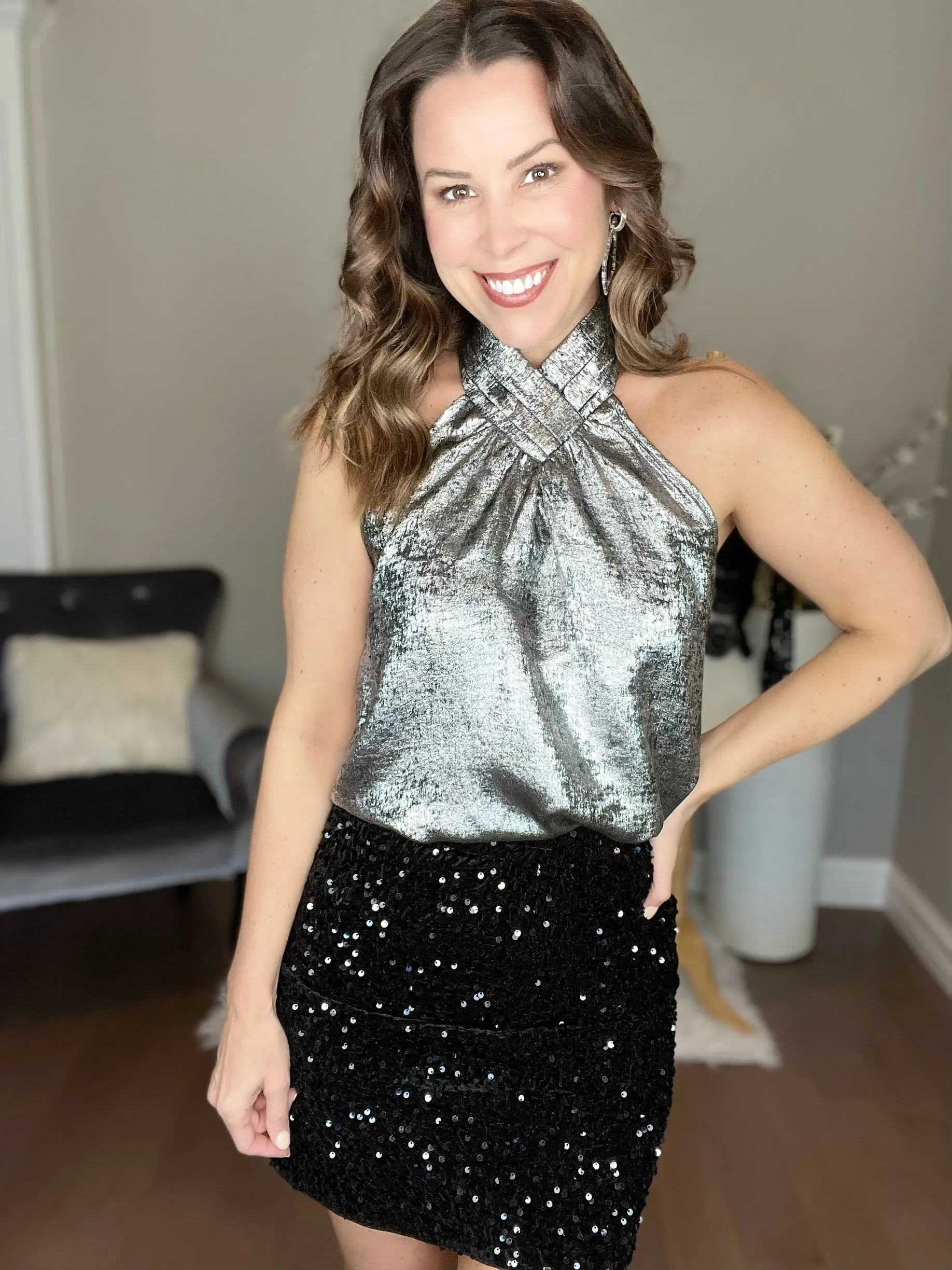 Black/Silver Halter Neck Sleeveless Top