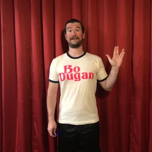 Bo Dugan Logo Pink on Cream Ringer T-shirt