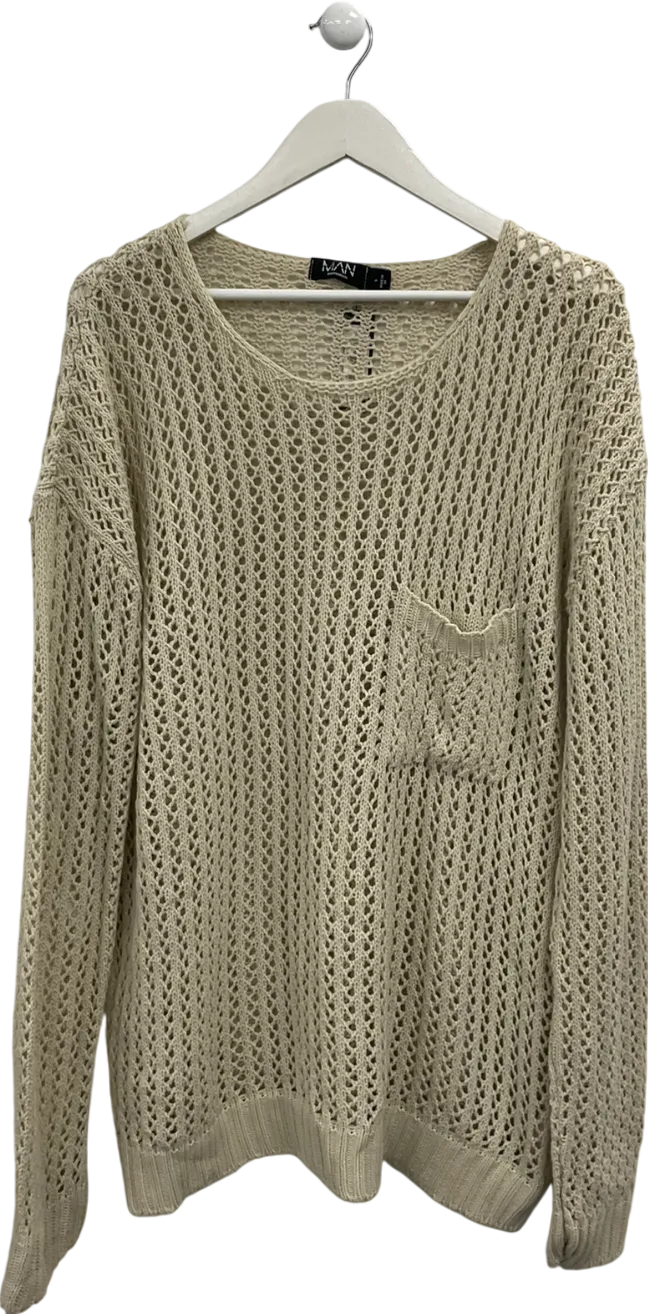 boohooMan Beige Oversized Open Knit Jumper With Pocket UK S