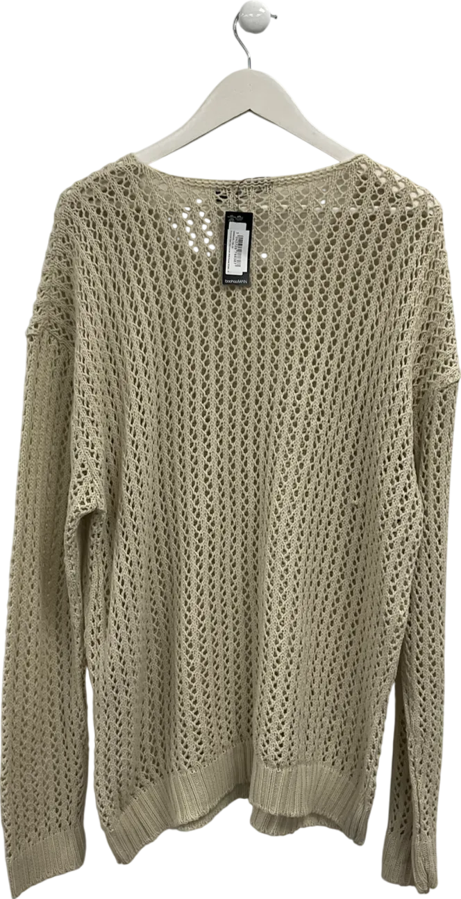 boohooMan Beige Oversized Open Knit Jumper With Pocket UK S