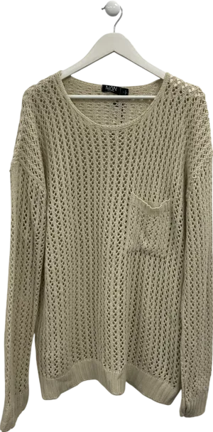 boohooMan Beige Oversized Open Knit Jumper With Pocket UK S