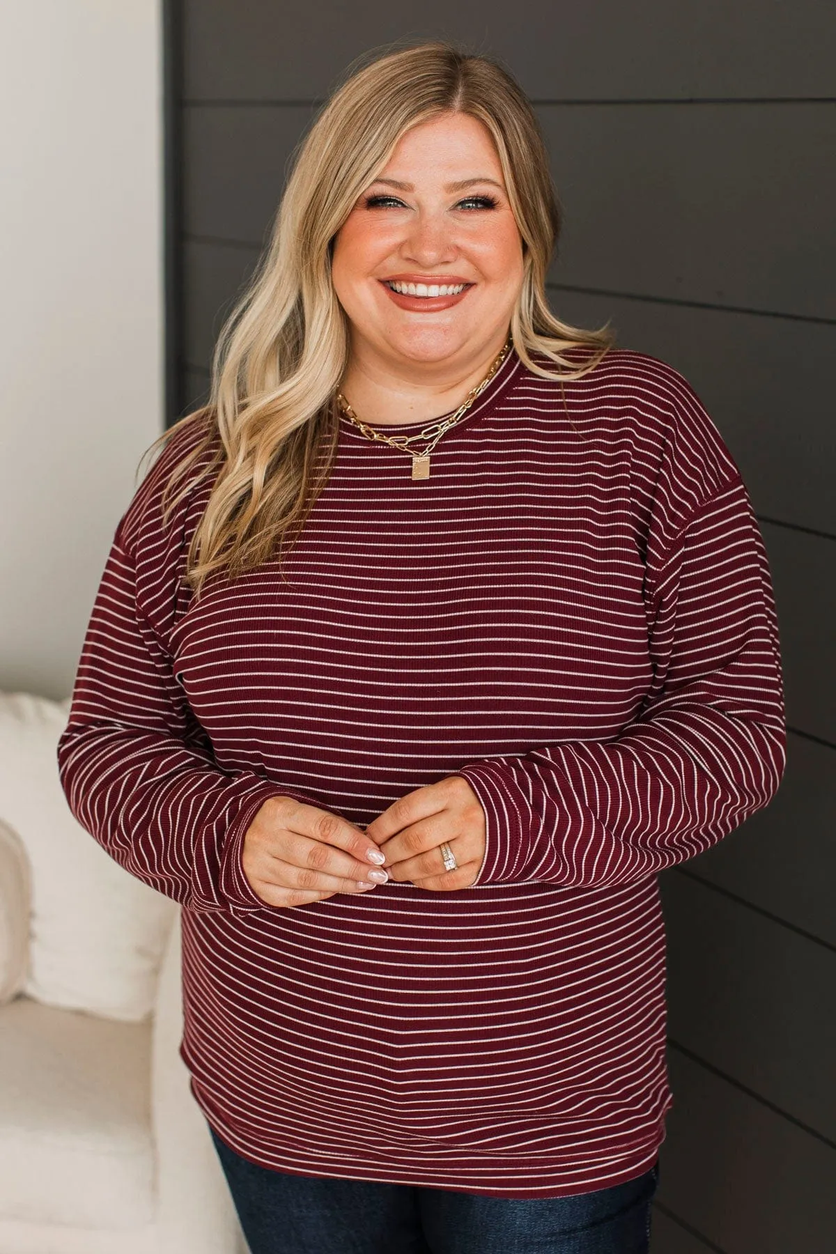 Brighten My Day Striped Pullover Top- Burgundy