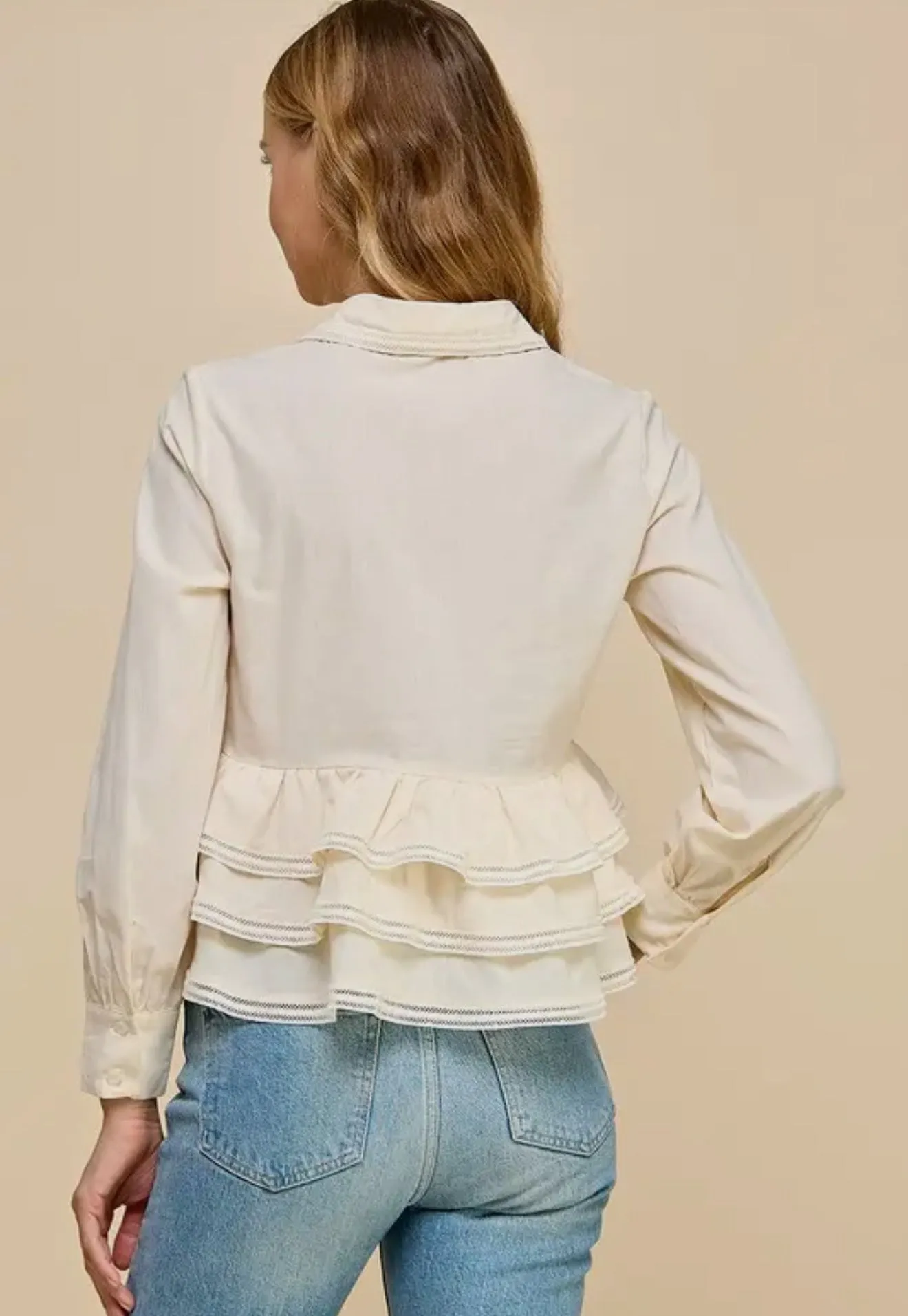 Button Up Long Sleeve Peplum Waist Top