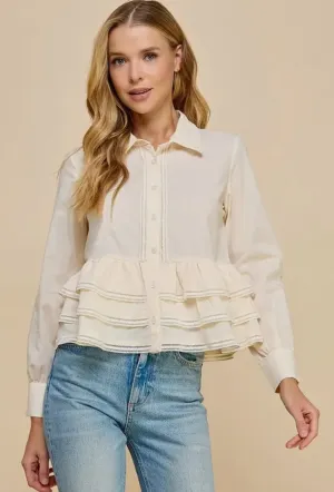 Button Up Long Sleeve Peplum Waist Top
