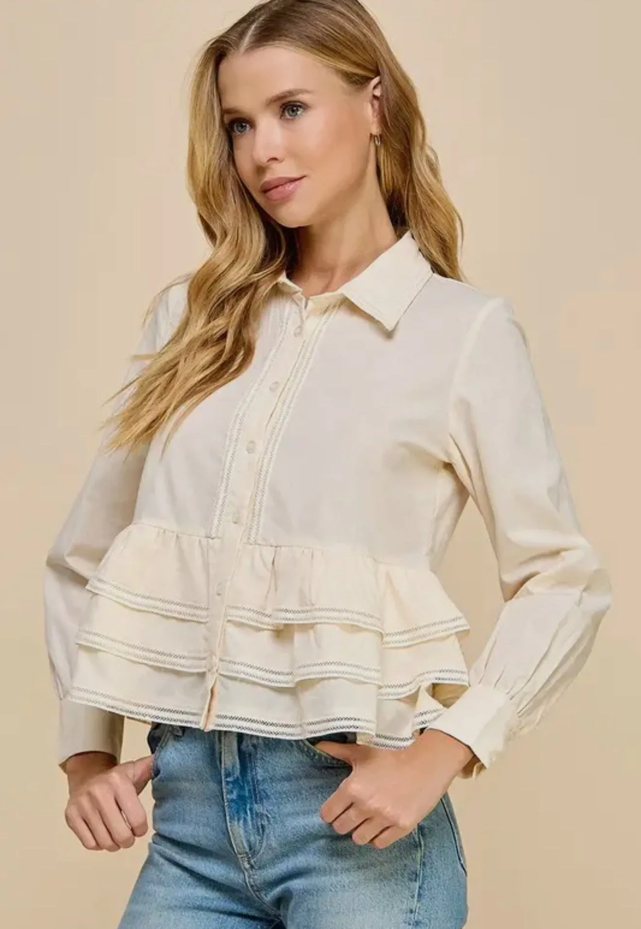 Button Up Long Sleeve Peplum Waist Top