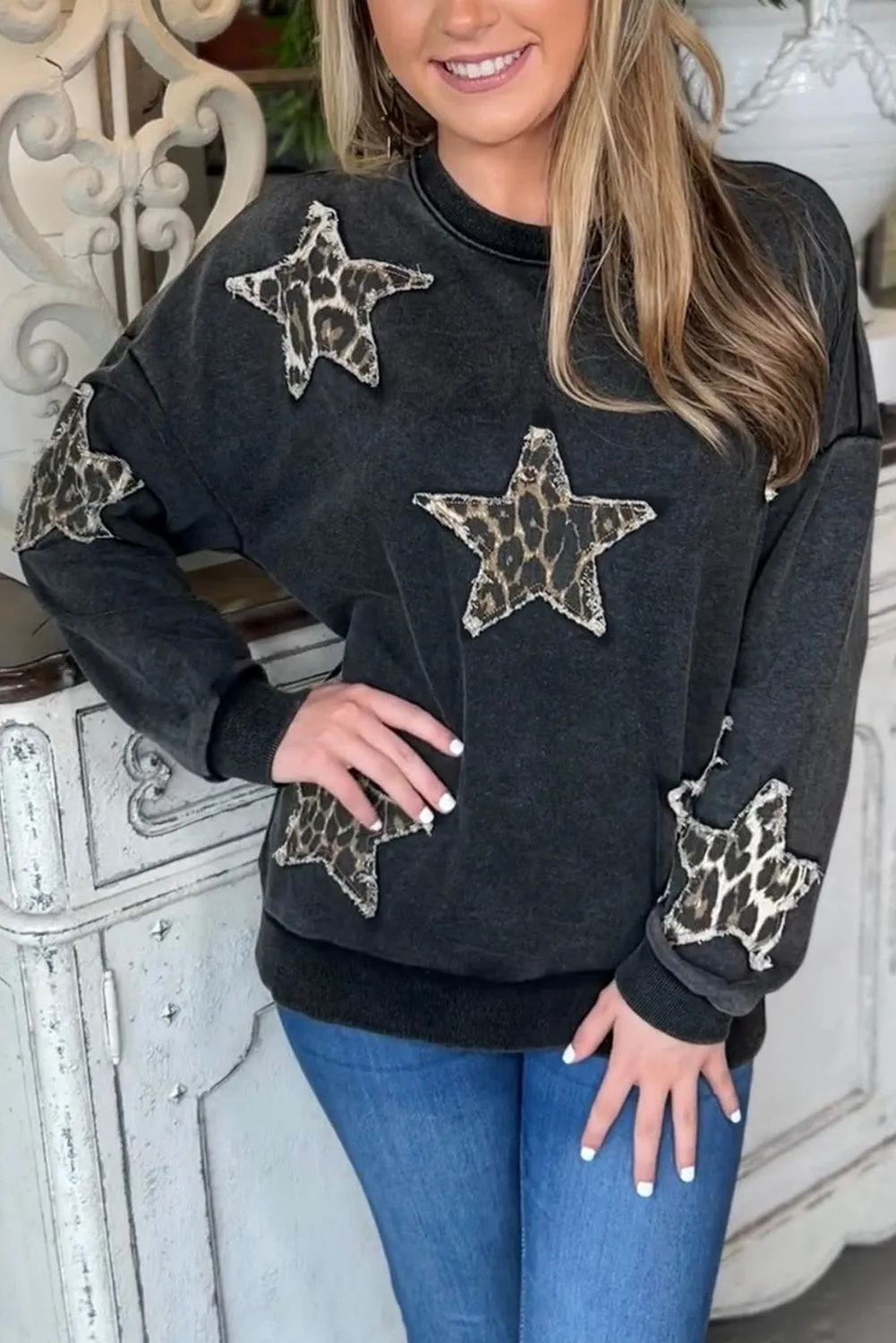 Carbon Grey Leopard Star Shape Crewneck Pullover Sweatshirt