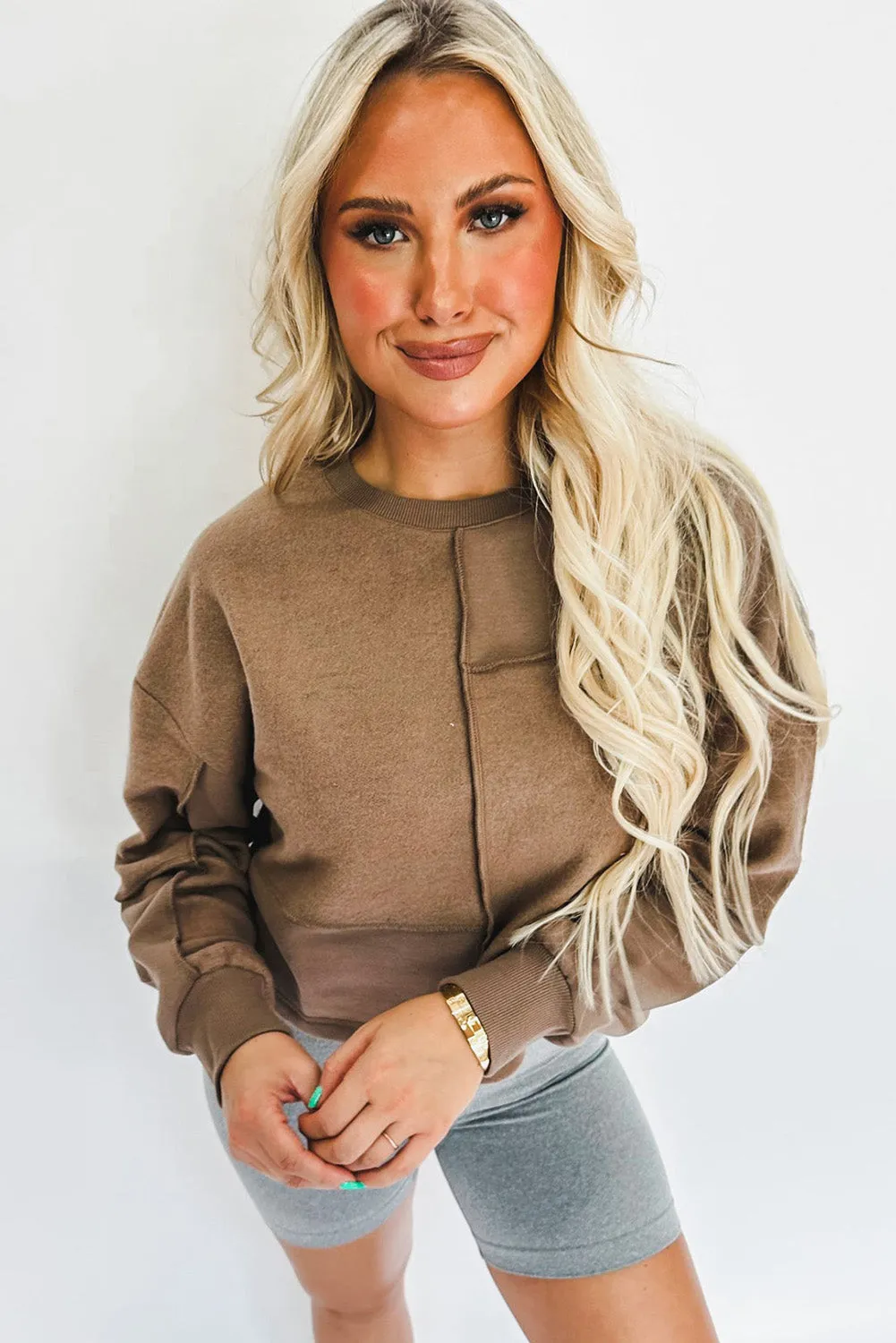 Coffee Solid Exposed Seam Pullover Sweatshirt