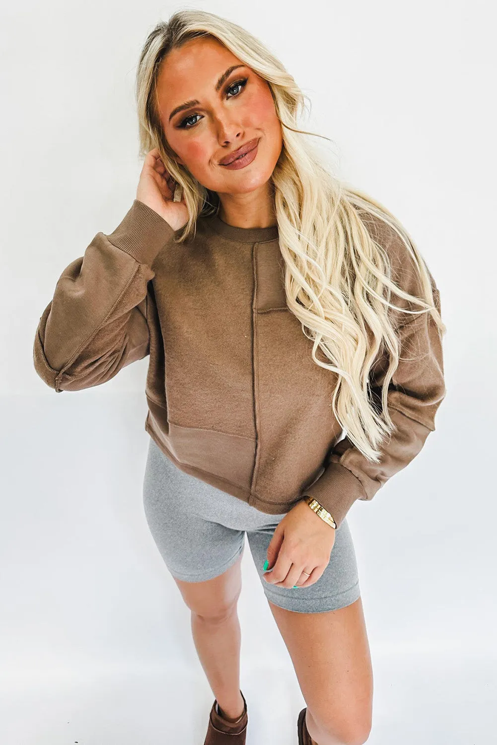 Coffee Solid Exposed Seam Pullover Sweatshirt