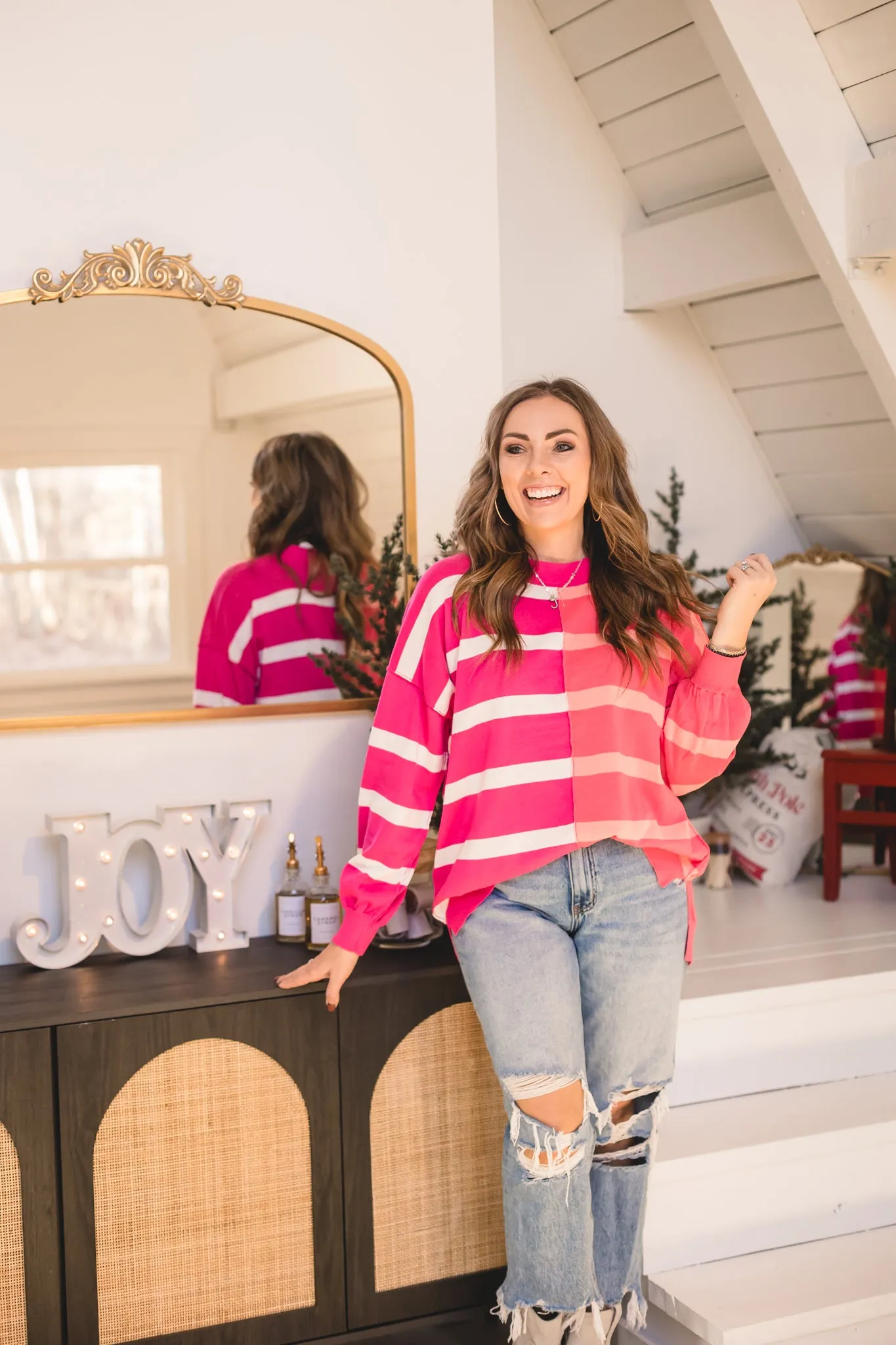 Coral Magenta Stripe Colorblock Pullover