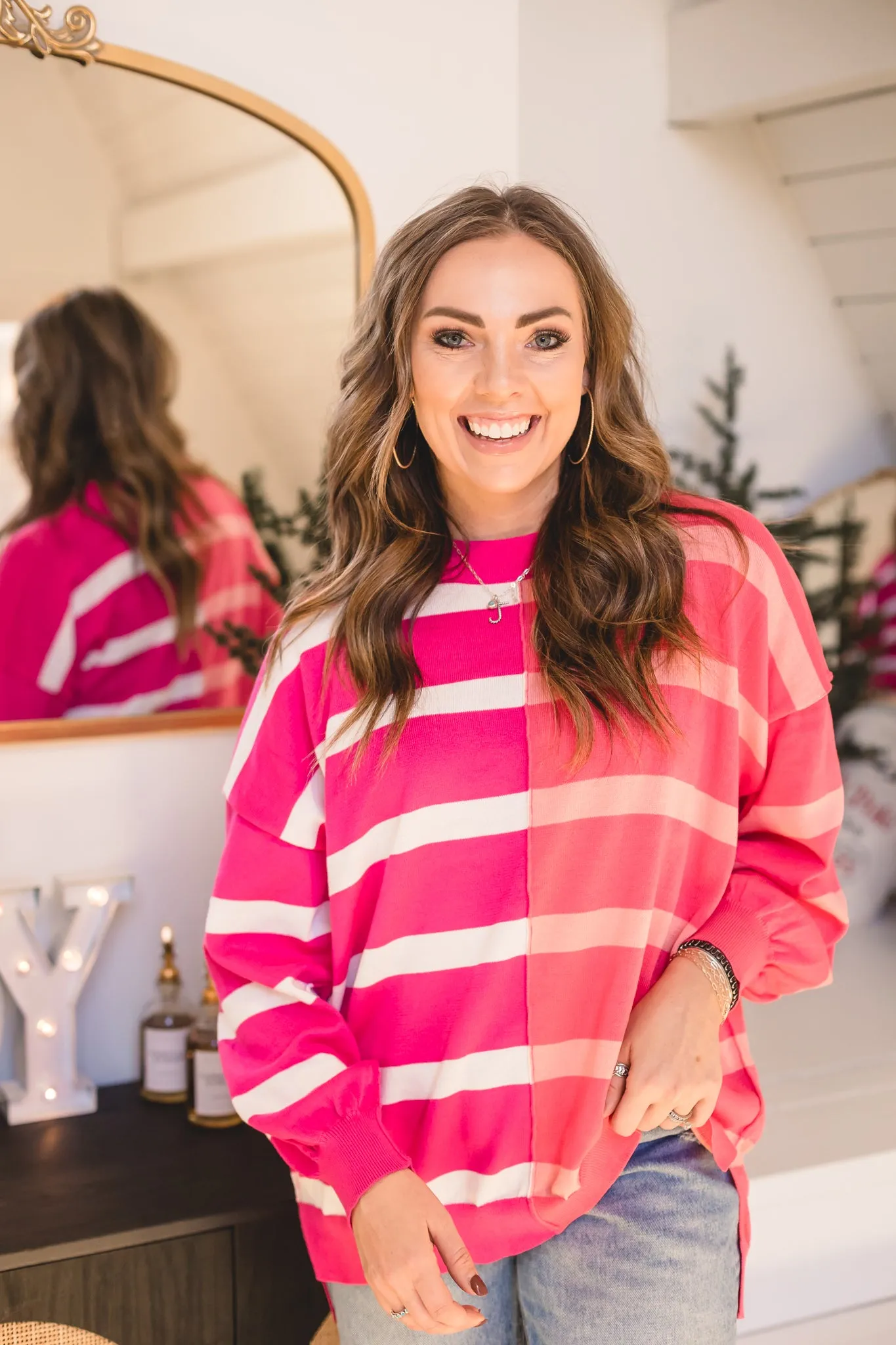 Coral Magenta Stripe Colorblock Pullover