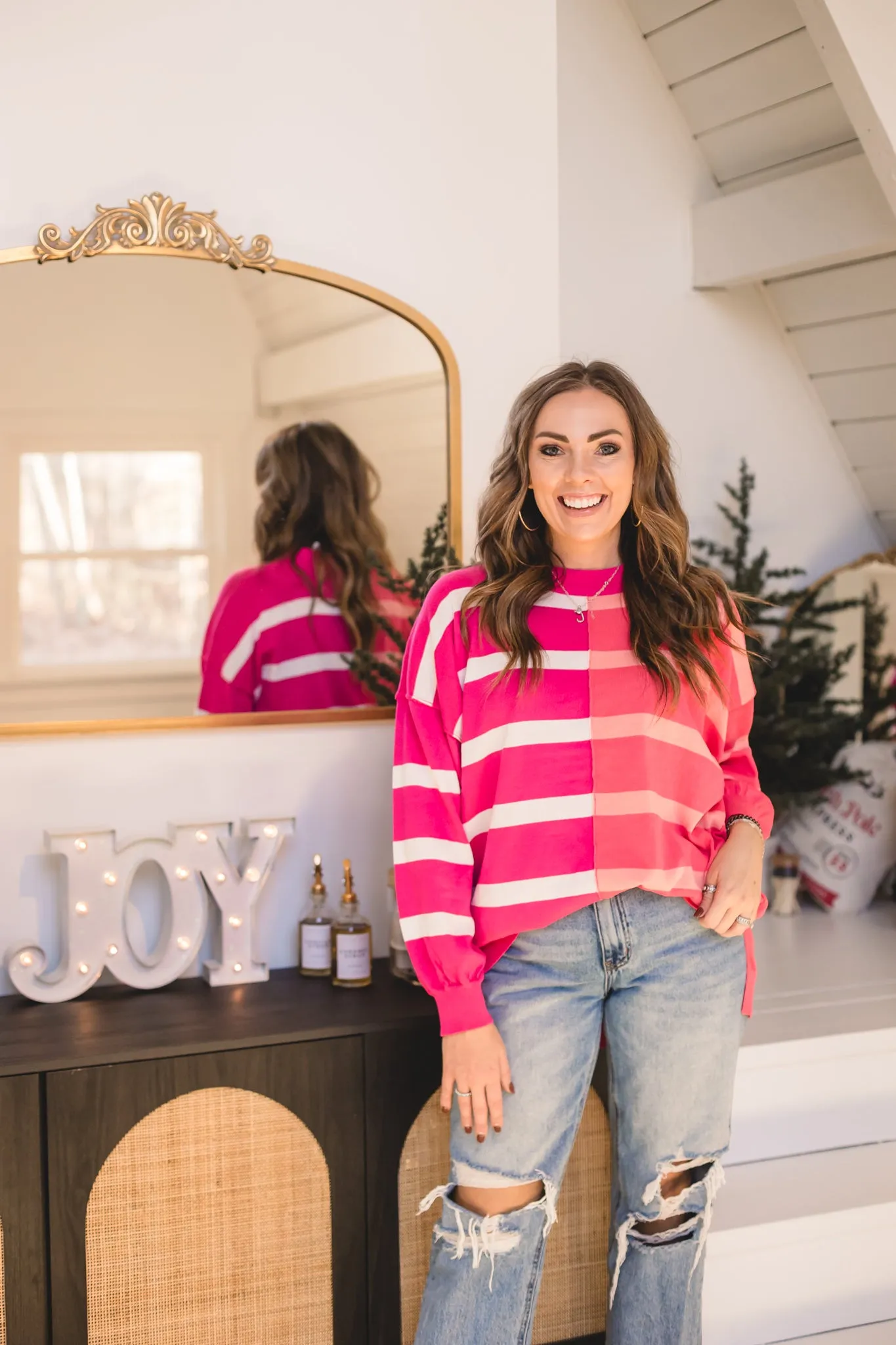 Coral Magenta Stripe Colorblock Pullover
