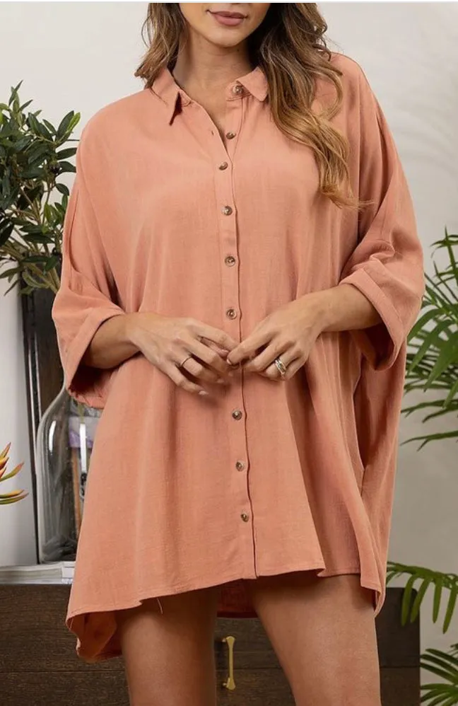 Coral Oversized Shirt Dress