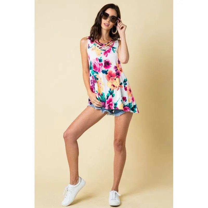Floral Print Sleeveless Crisscross Top Plus Sizes
