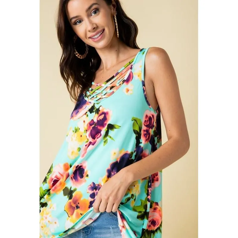 Floral Print Sleeveless Crisscross Top Plus Sizes