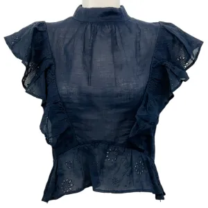Frame Navy Blue Ramie Eyelet Peplum Top