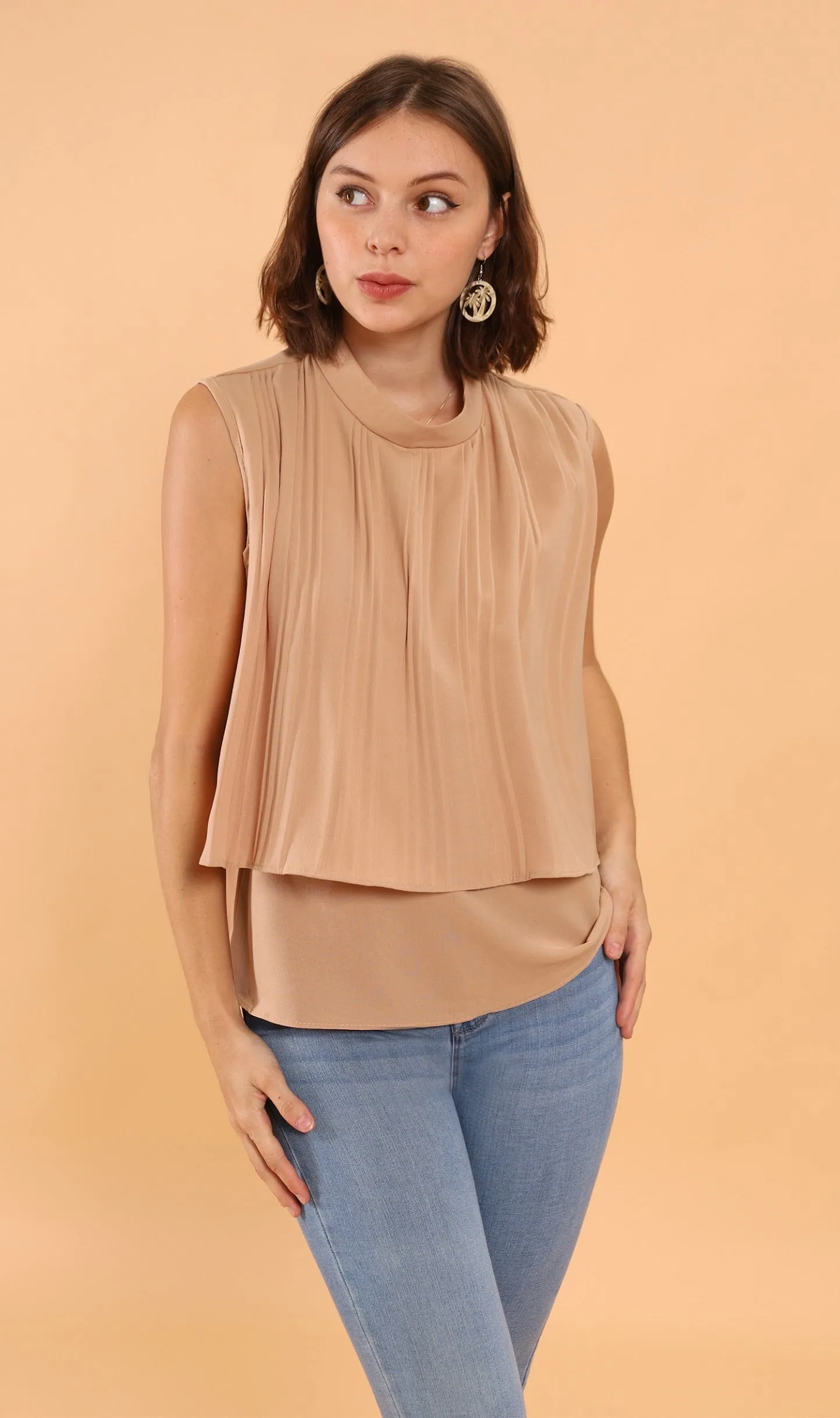GEMMA Pleated Mock-Neck Top (Latte)