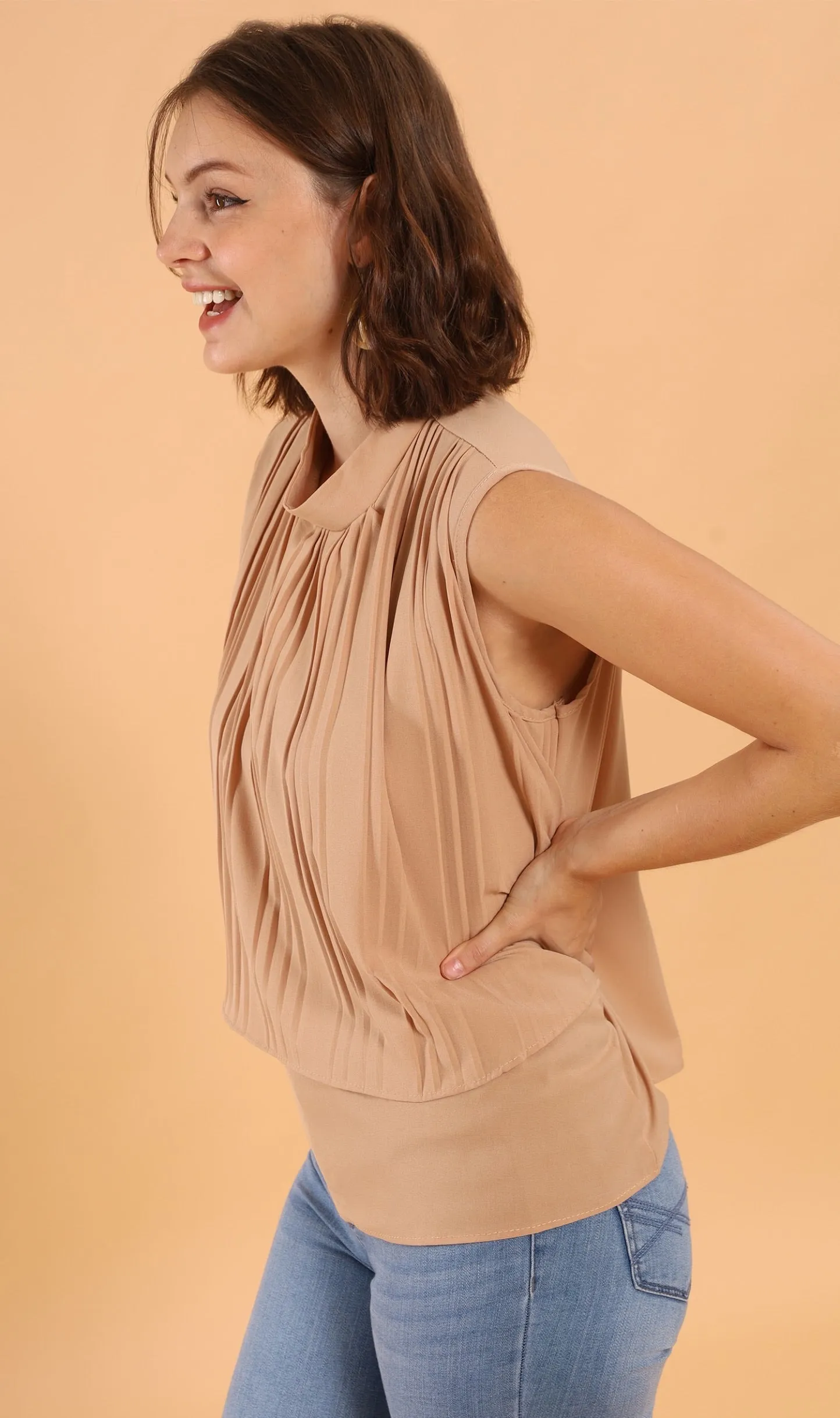 GEMMA Pleated Mock-Neck Top (Latte)