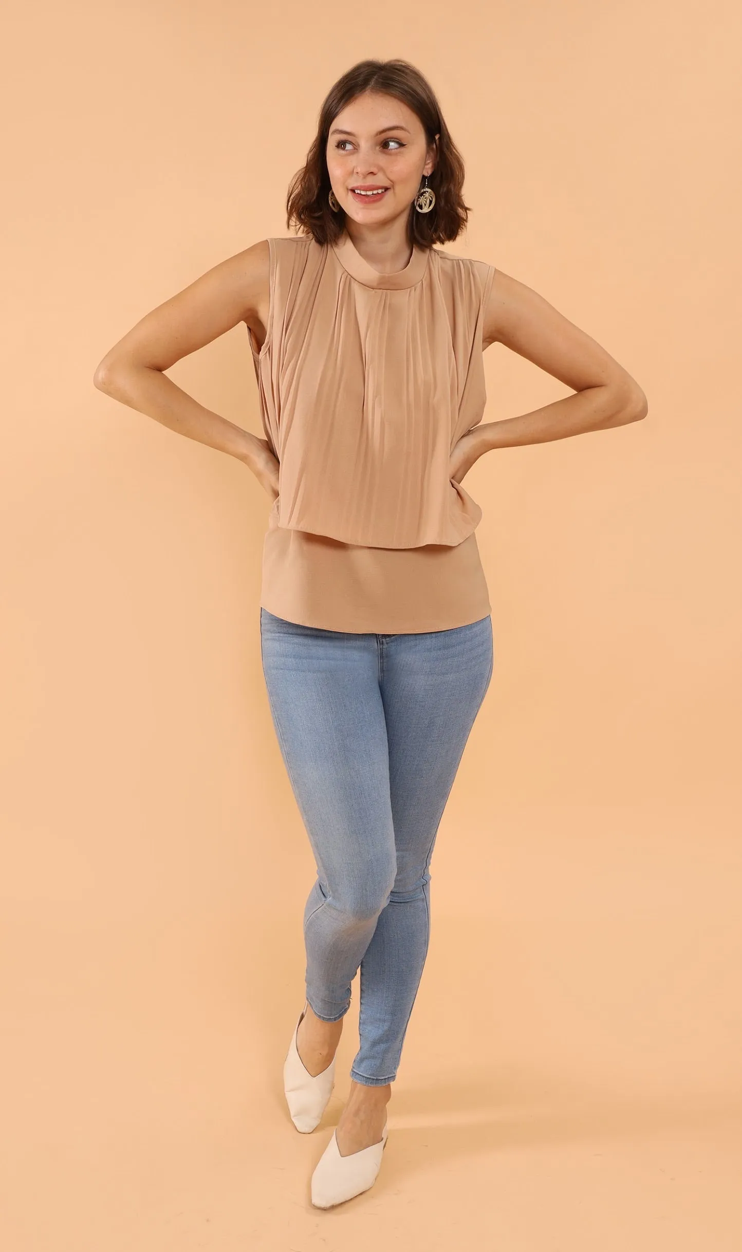 GEMMA Pleated Mock-Neck Top (Latte)
