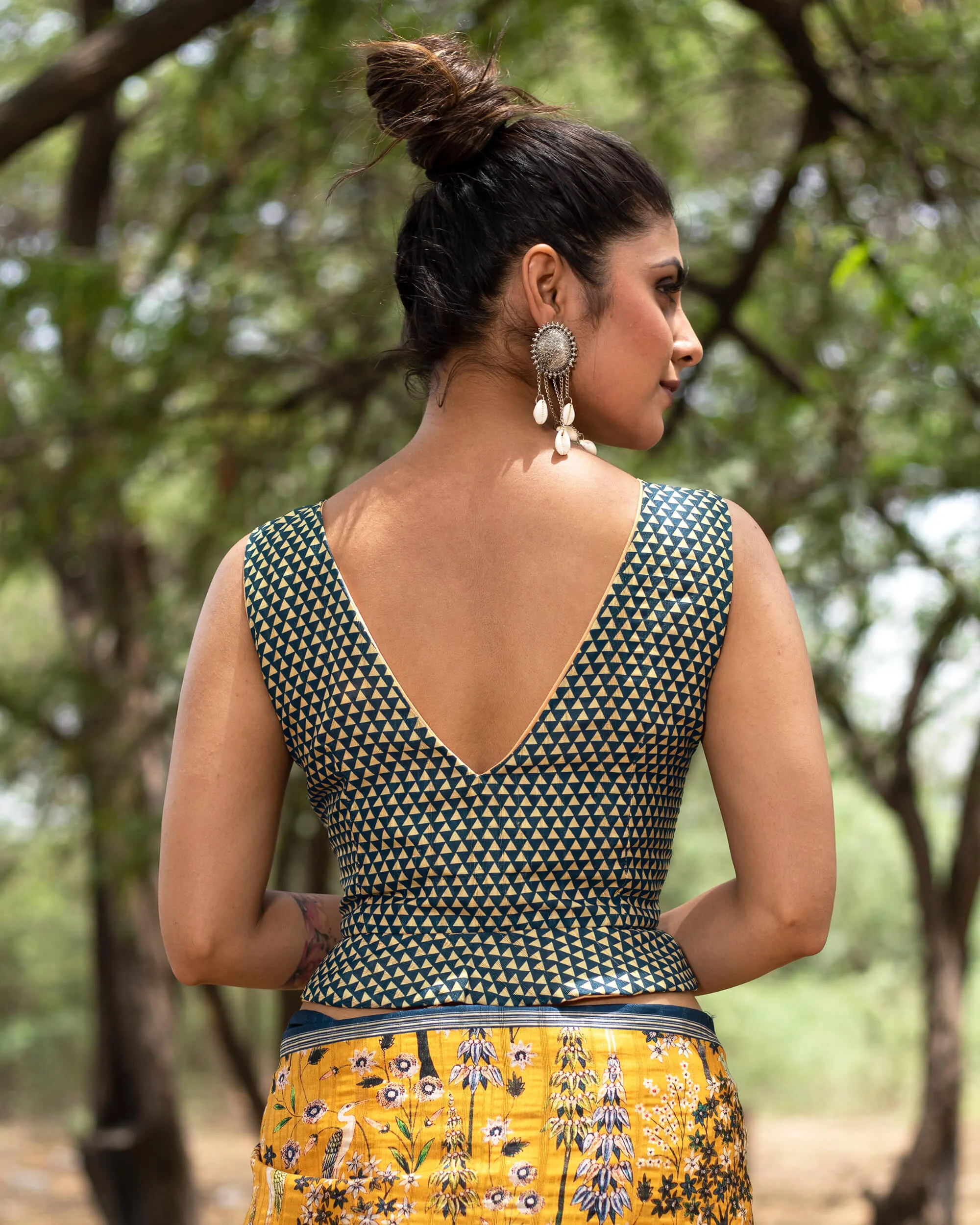 Geometric Printed Silk Peplum Blouse