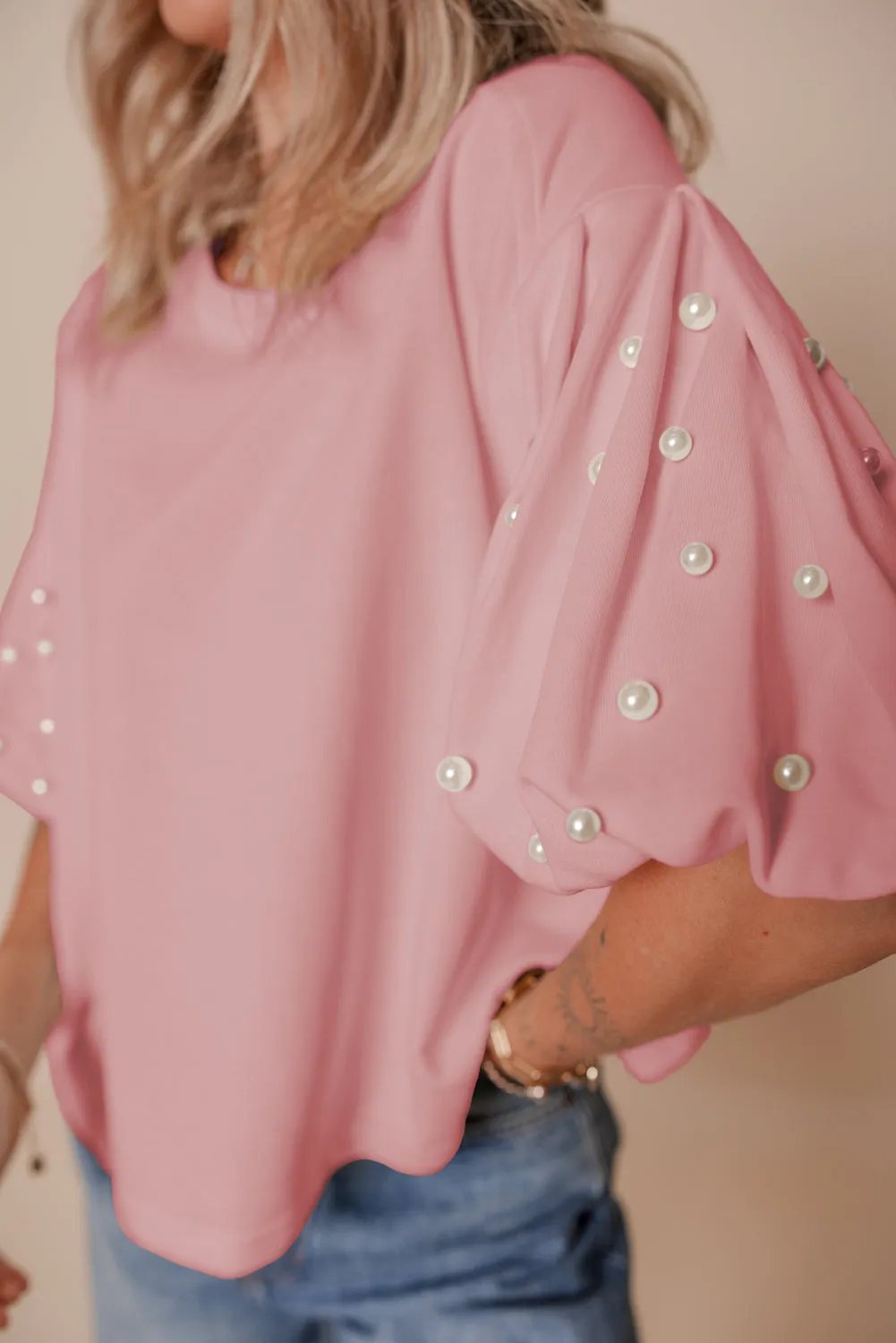 Gossamer Pink Pearled Puff Sleeve Round Neck Loose Top