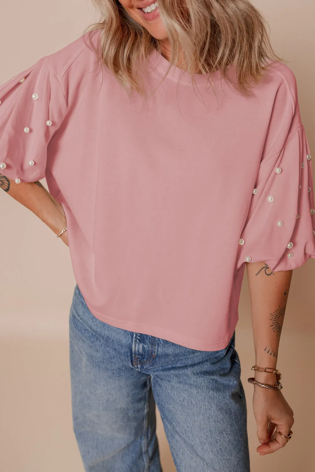 Gossamer Pink Pearled Puff Sleeve Round Neck Loose Top