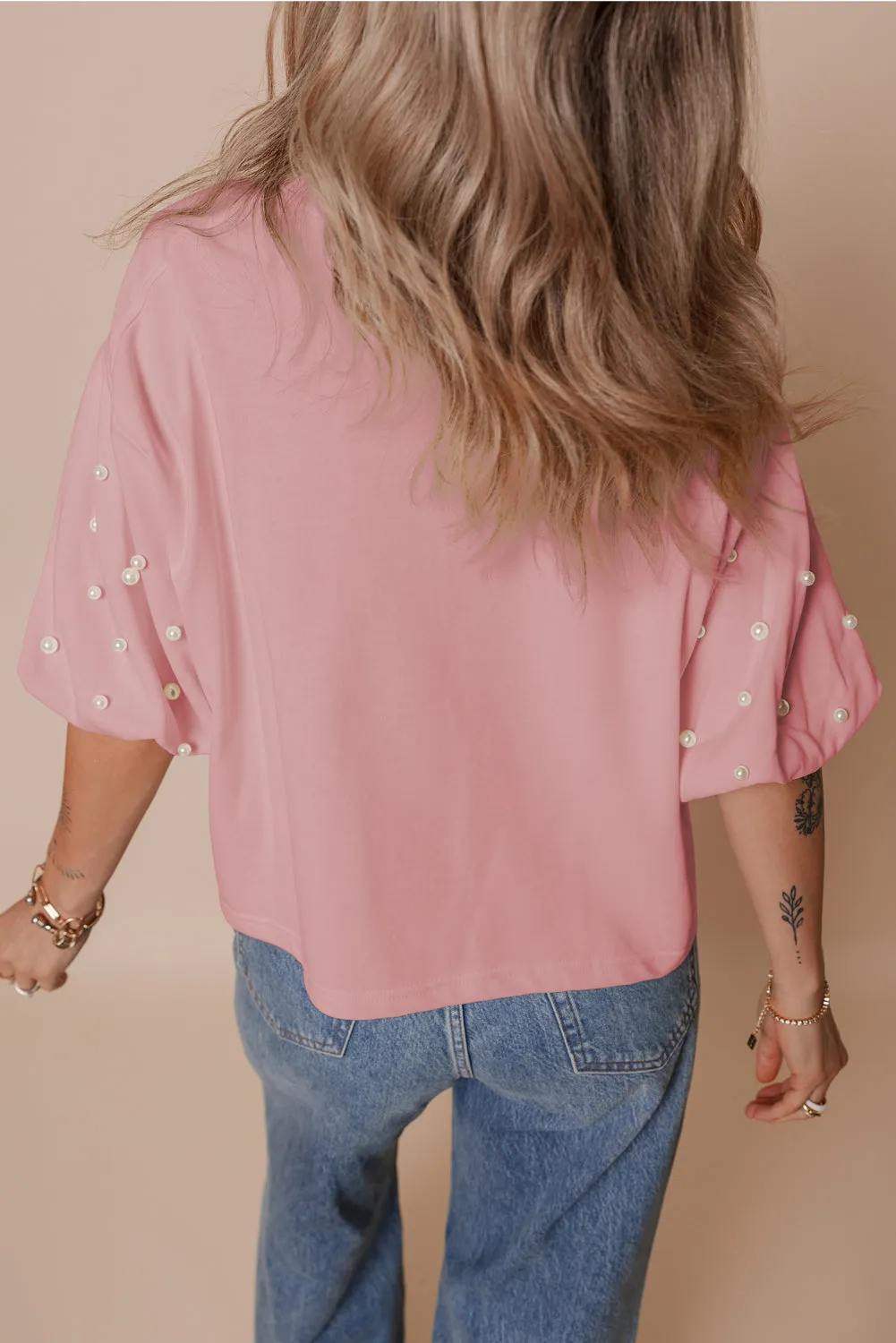 Gossamer Pink Pearled Puff Sleeve Round Neck Loose Top