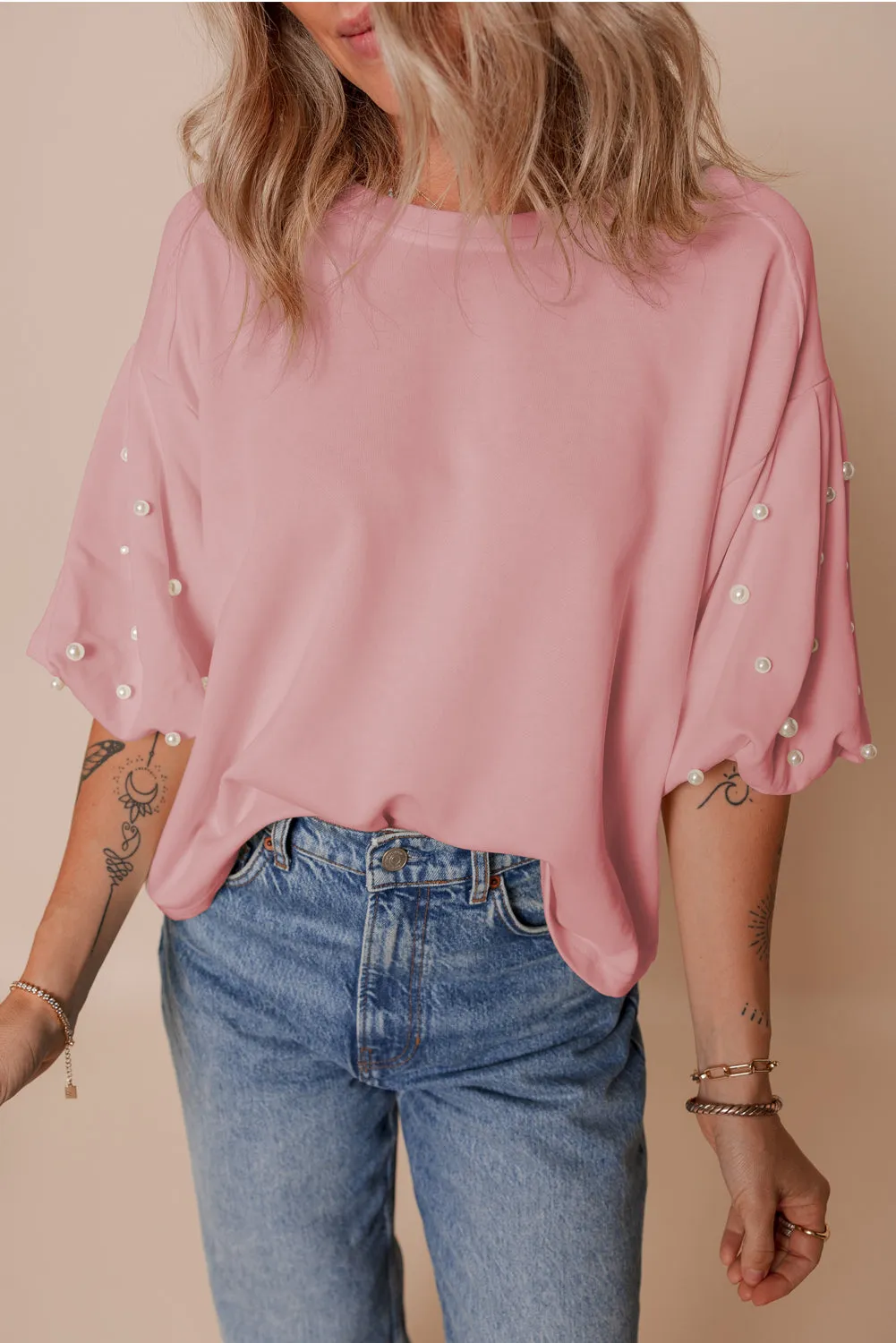 Gossamer Pink Pearled Puff Sleeve Round Neck Loose Top