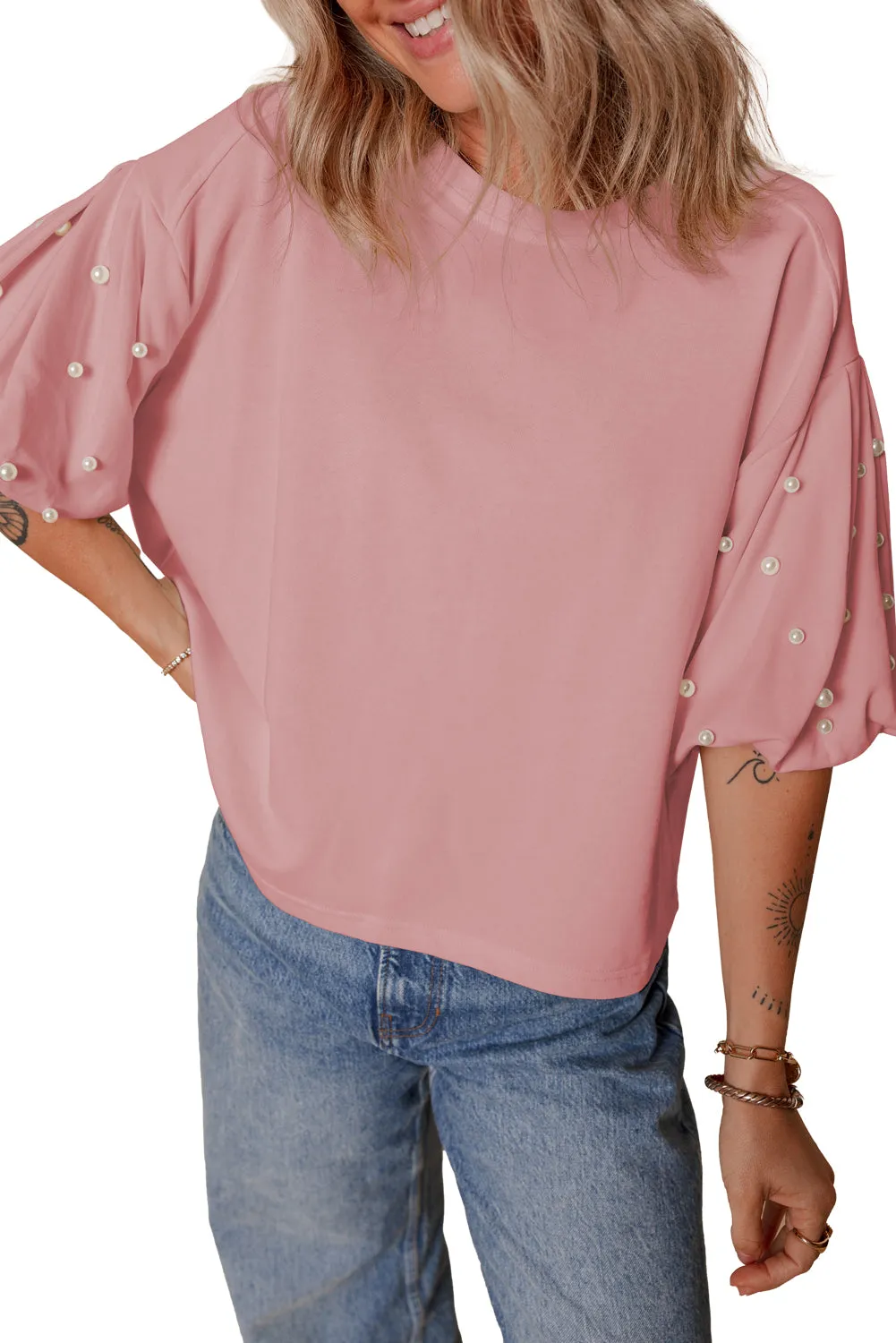 Gossamer Pink Pearled Puff Sleeve Round Neck Loose Top