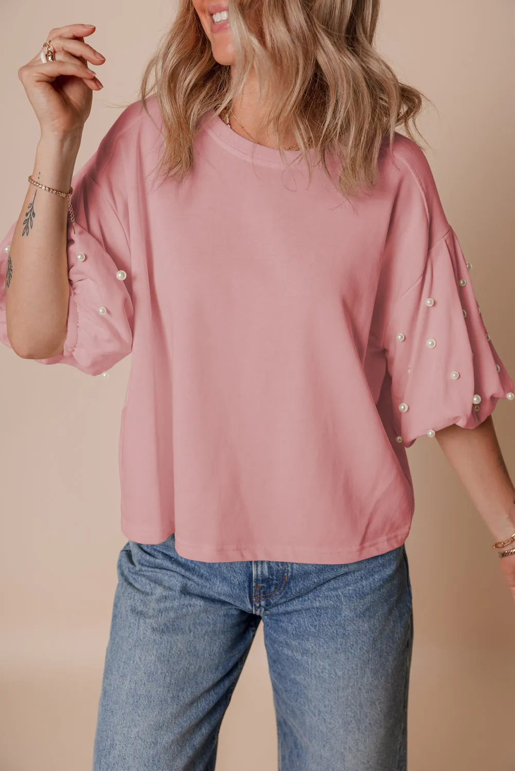 Gossamer Pink Pearled Puff Sleeve Round Neck Loose Top