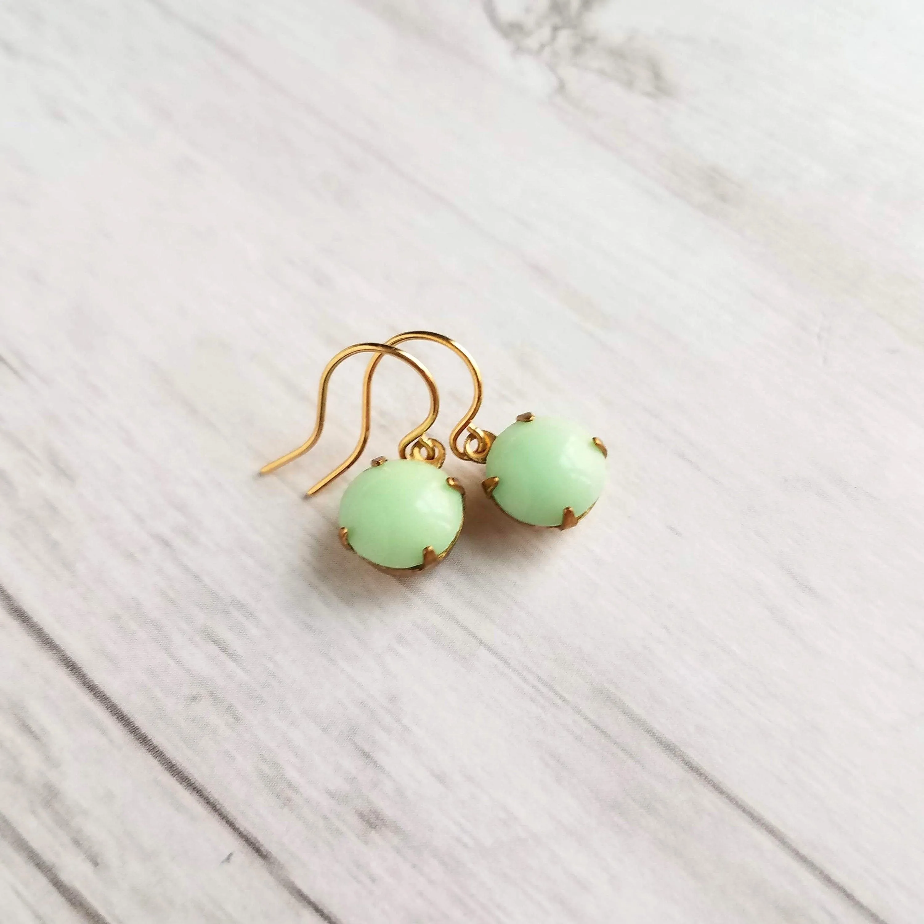 Green Mint & Gold Earrings - raw brass setting with small vintage round pale smooth glass - upgrade hooks to 14K SOLID gold or fill