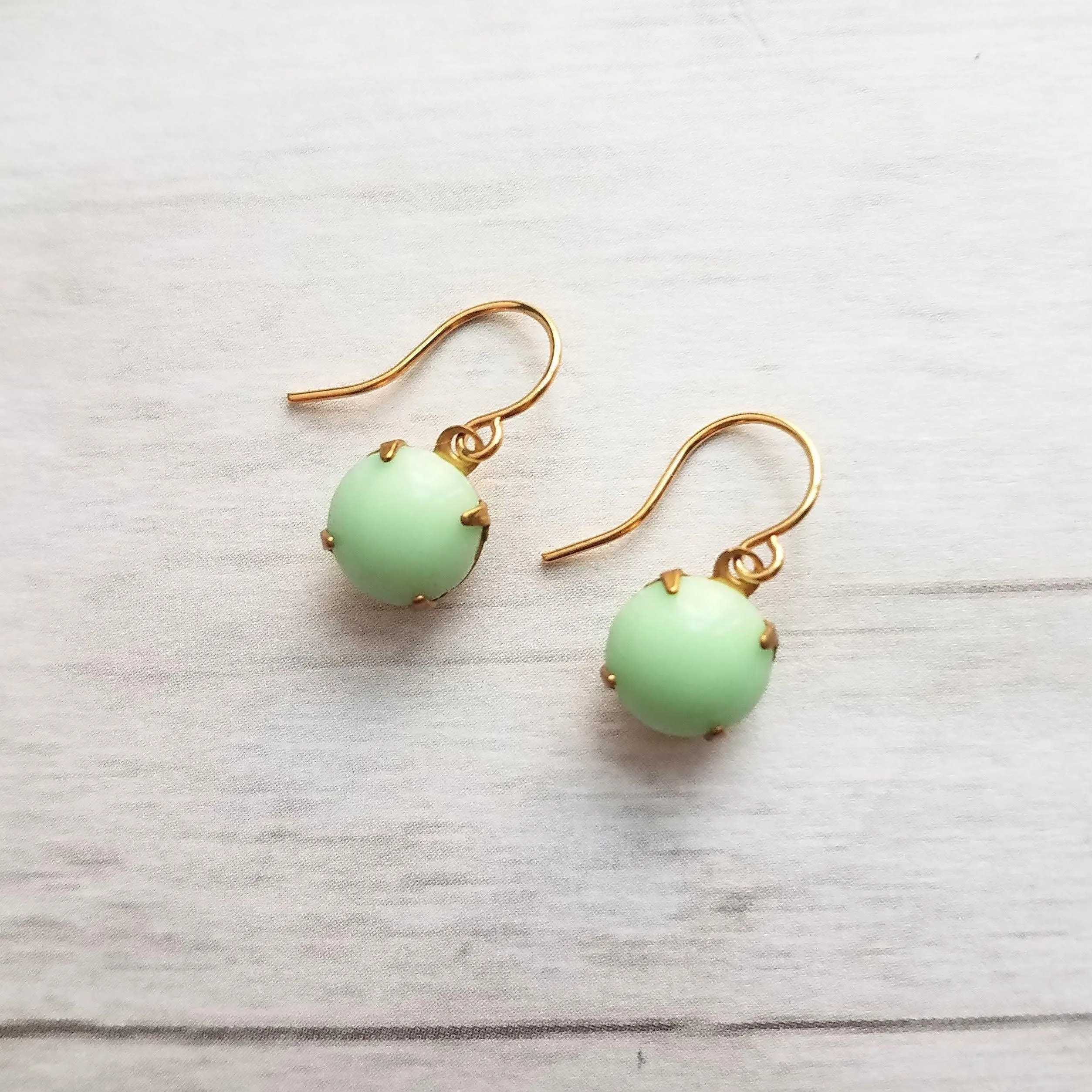 Green Mint & Gold Earrings - raw brass setting with small vintage round pale smooth glass - upgrade hooks to 14K SOLID gold or fill