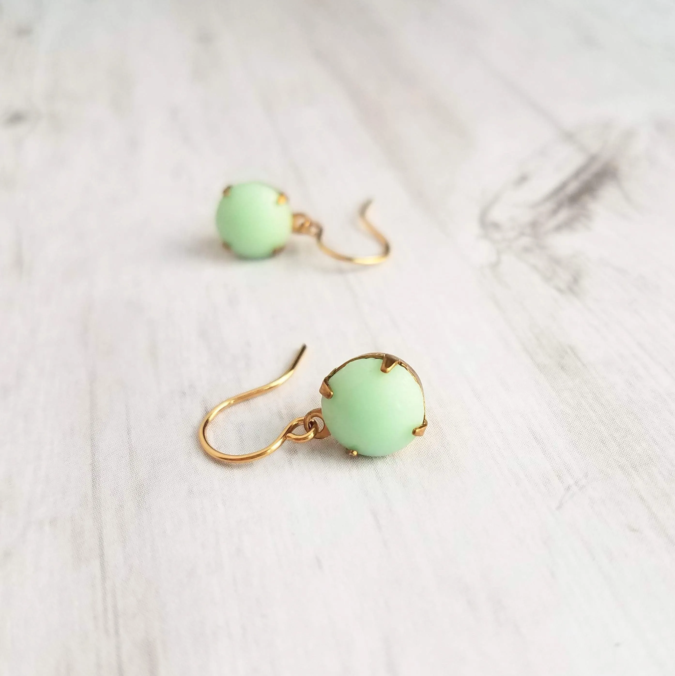 Green Mint & Gold Earrings - raw brass setting with small vintage round pale smooth glass - upgrade hooks to 14K SOLID gold or fill