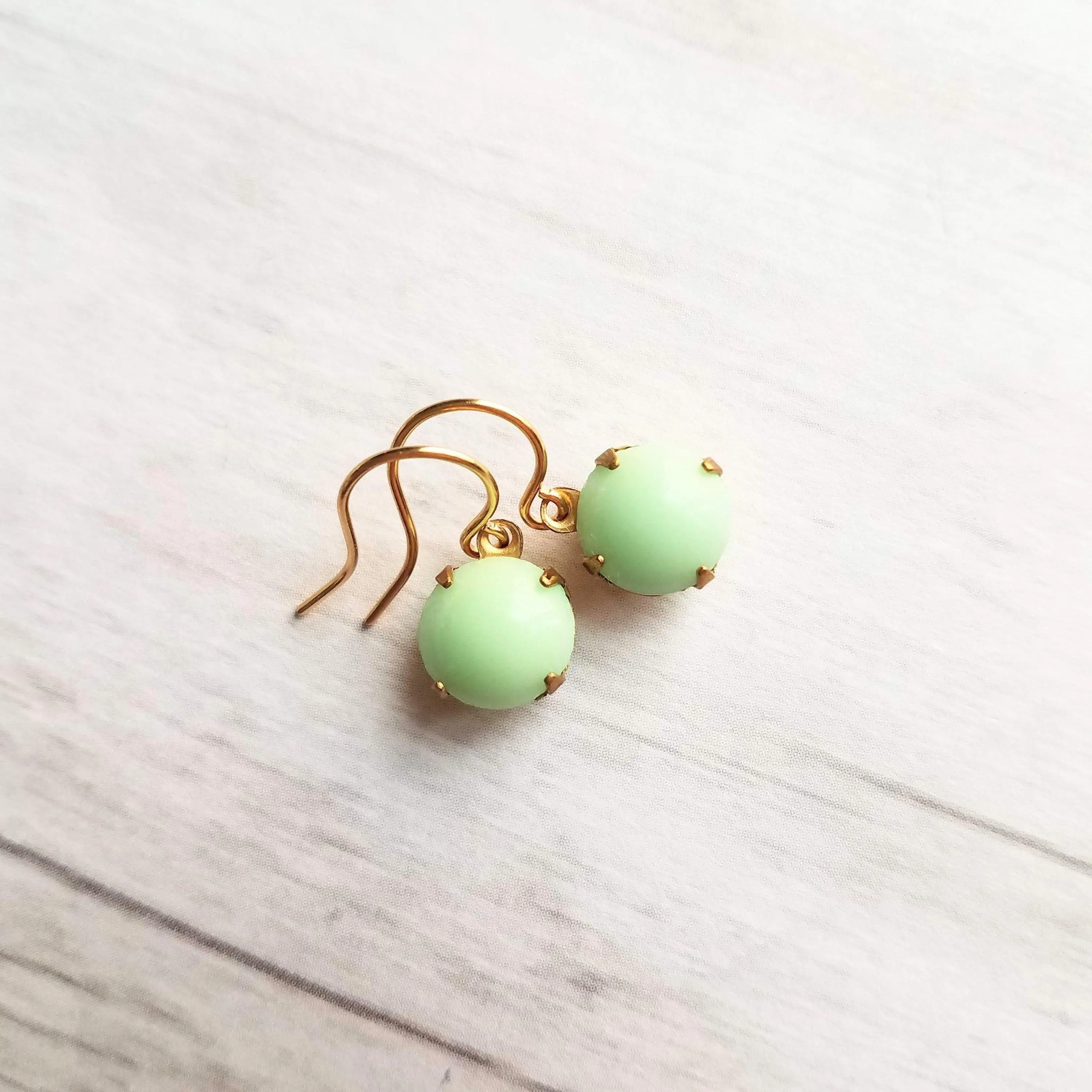 Green Mint & Gold Earrings - raw brass setting with small vintage round pale smooth glass - upgrade hooks to 14K SOLID gold or fill