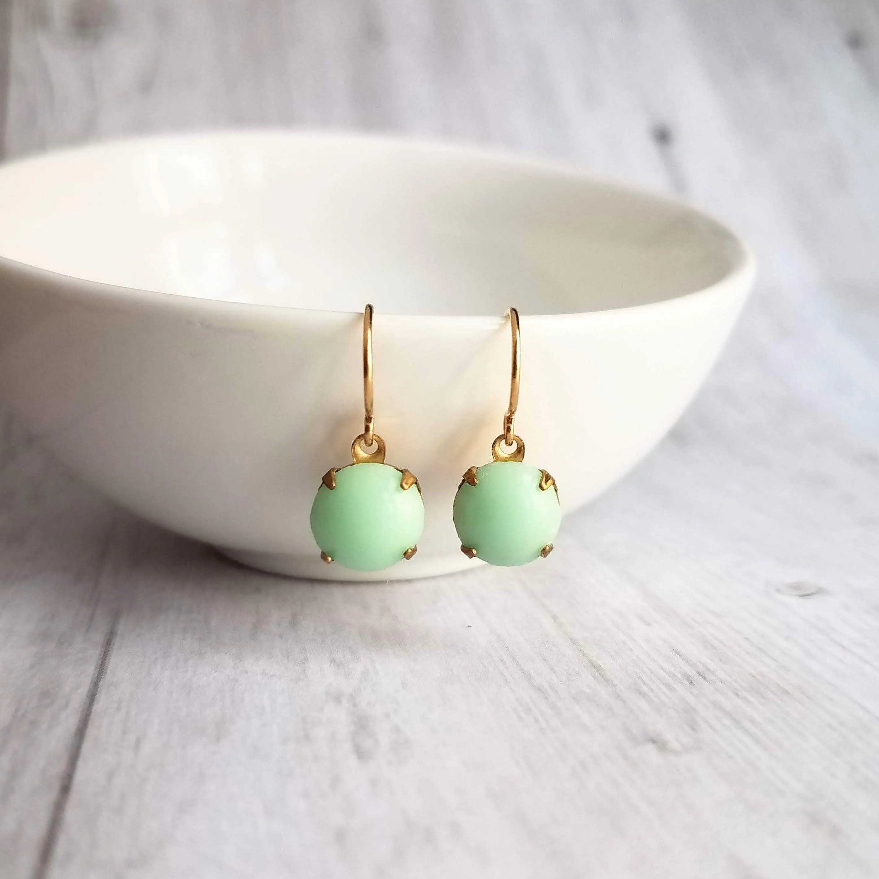 Green Mint & Gold Earrings - raw brass setting with small vintage round pale smooth glass - upgrade hooks to 14K SOLID gold or fill