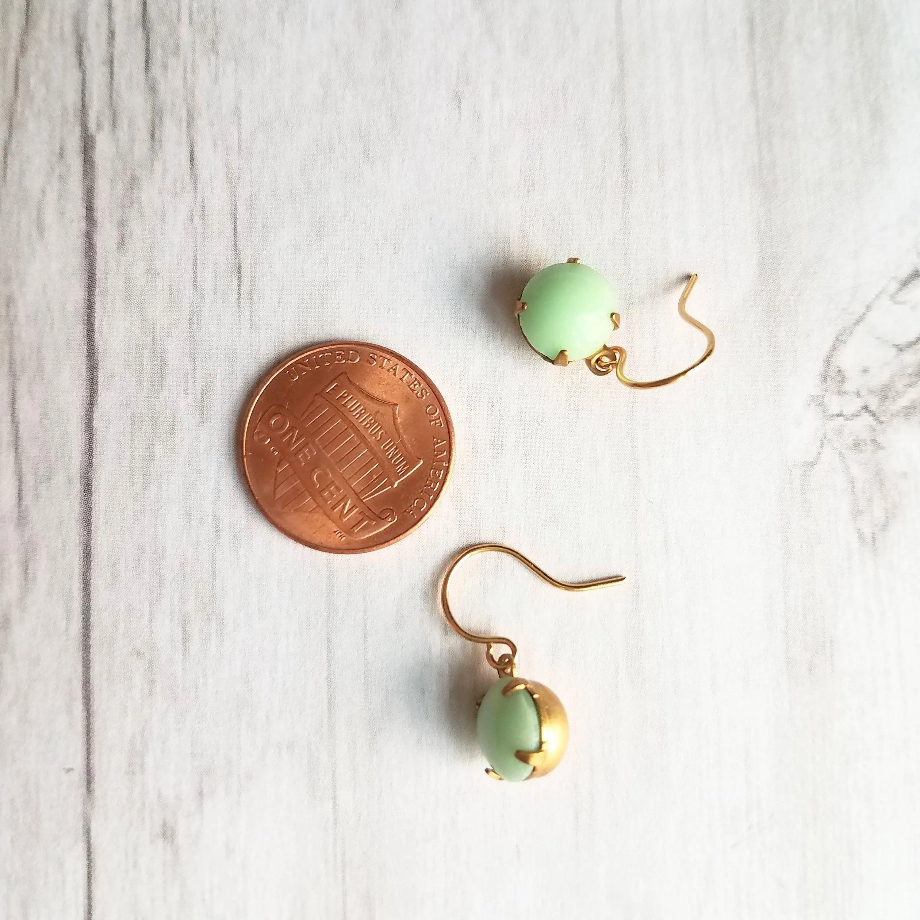 Green Mint & Gold Earrings - raw brass setting with small vintage round pale smooth glass - upgrade hooks to 14K SOLID gold or fill